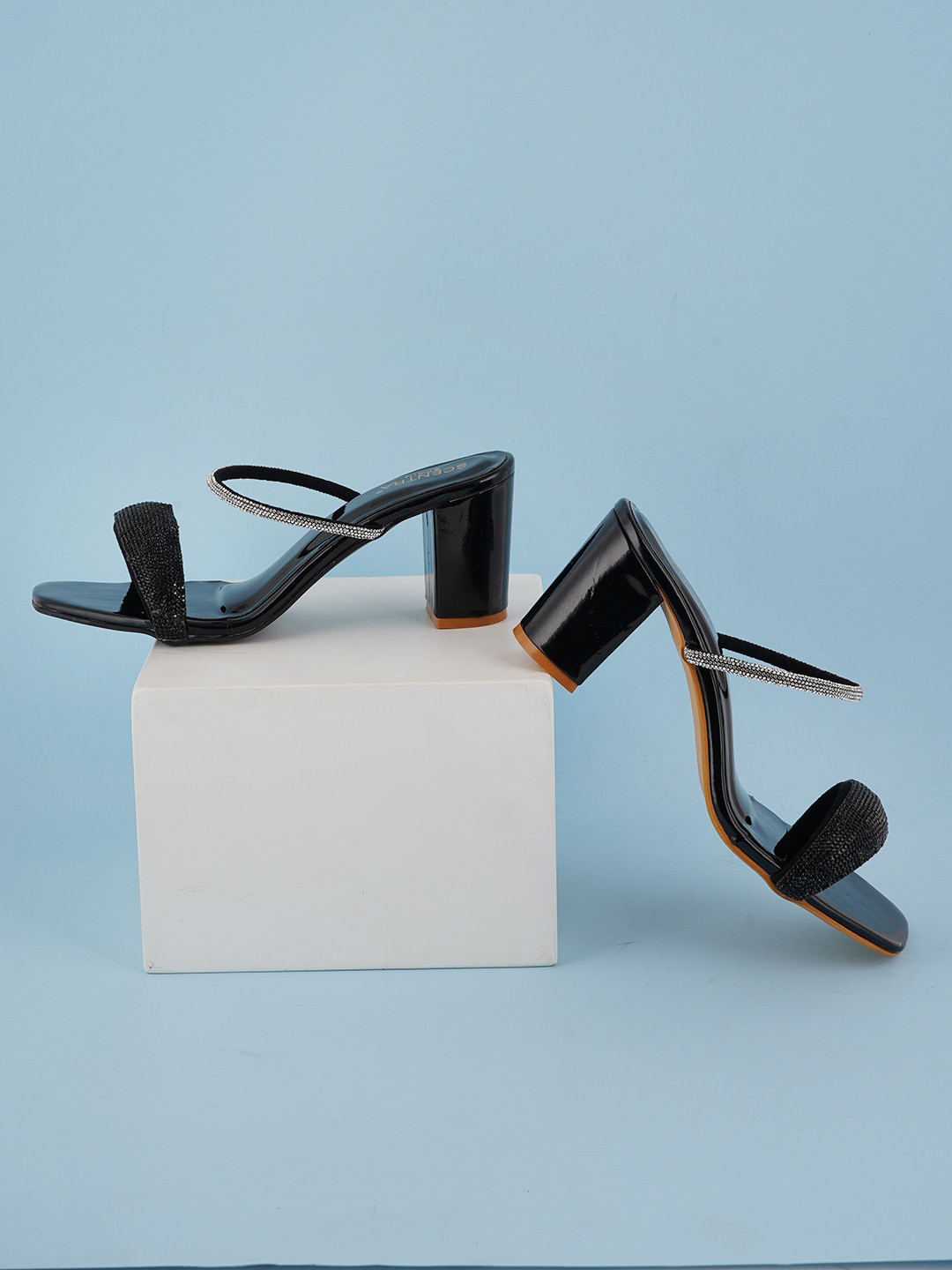 

SCENTRA Embellished Open Toe Block Heels, Black
