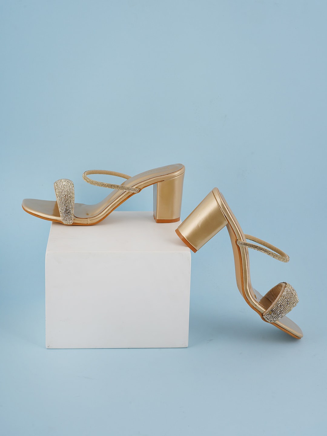 

SCENTRA Embellished Open Toe Block Heels, Gold