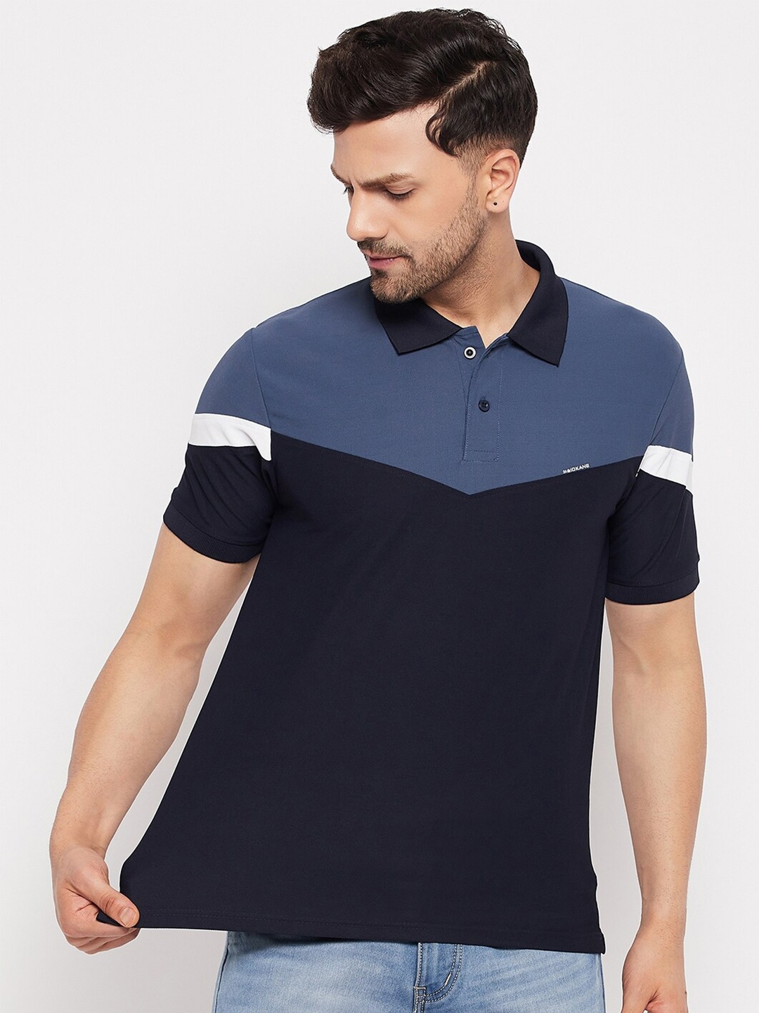 

Okane Colourblocked Polo Collar T-shirt, Navy blue