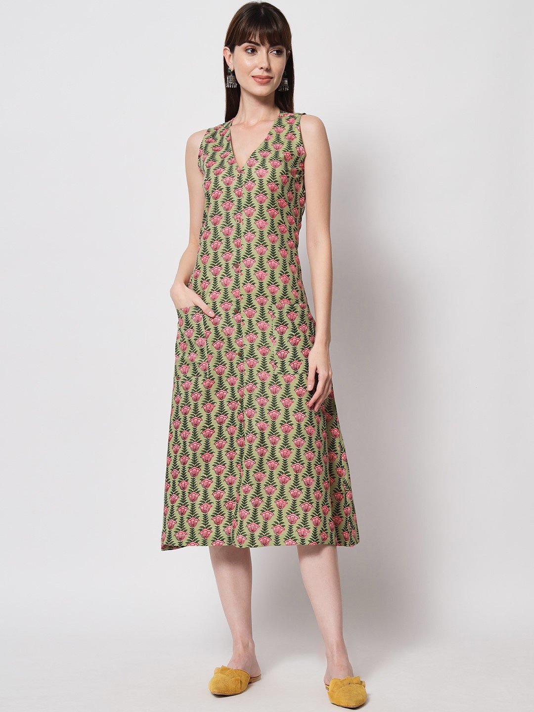 

KALINI Pure Cotton Green Climbing Plant A-line Dress With Pockets