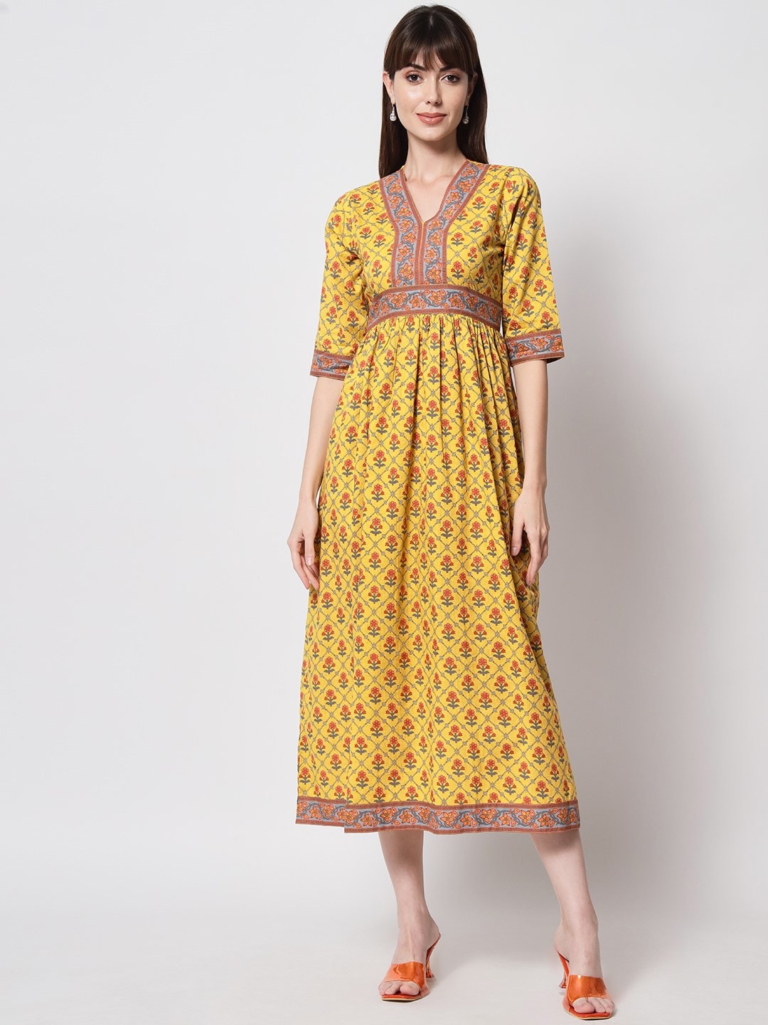 

KALINI Butti Printed V-Neck Pure Cotton Empire Midi Dress, Yellow