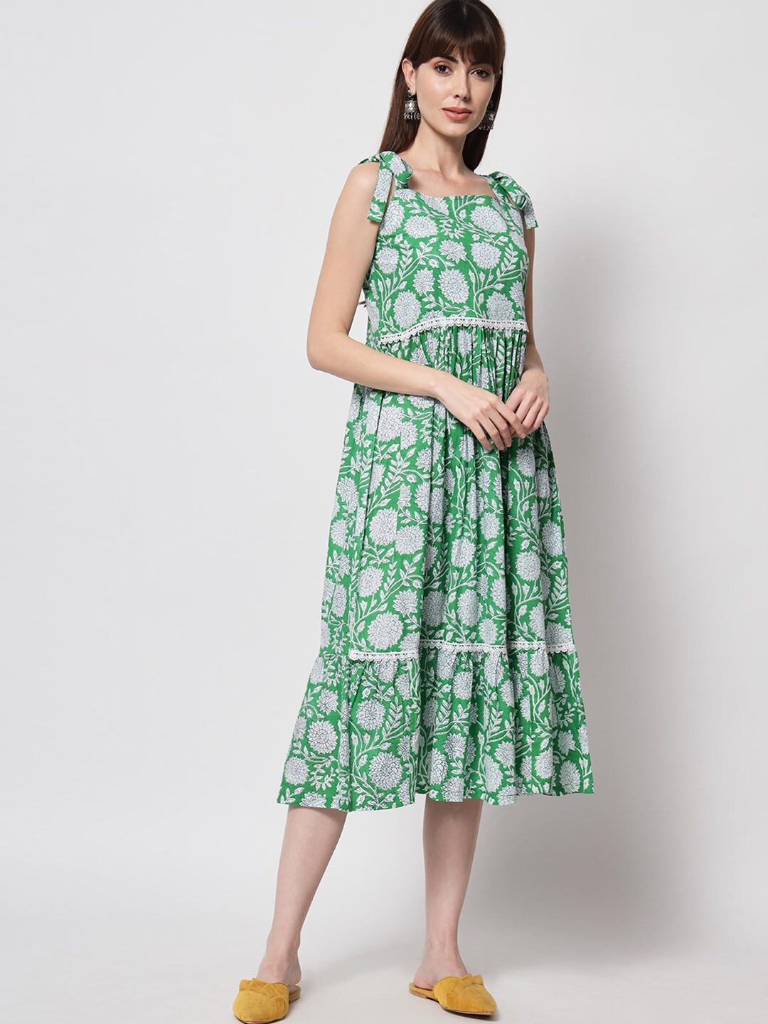 

KALINI Lawn Green Floral Tiered Dress With Lace For Women/ Girls