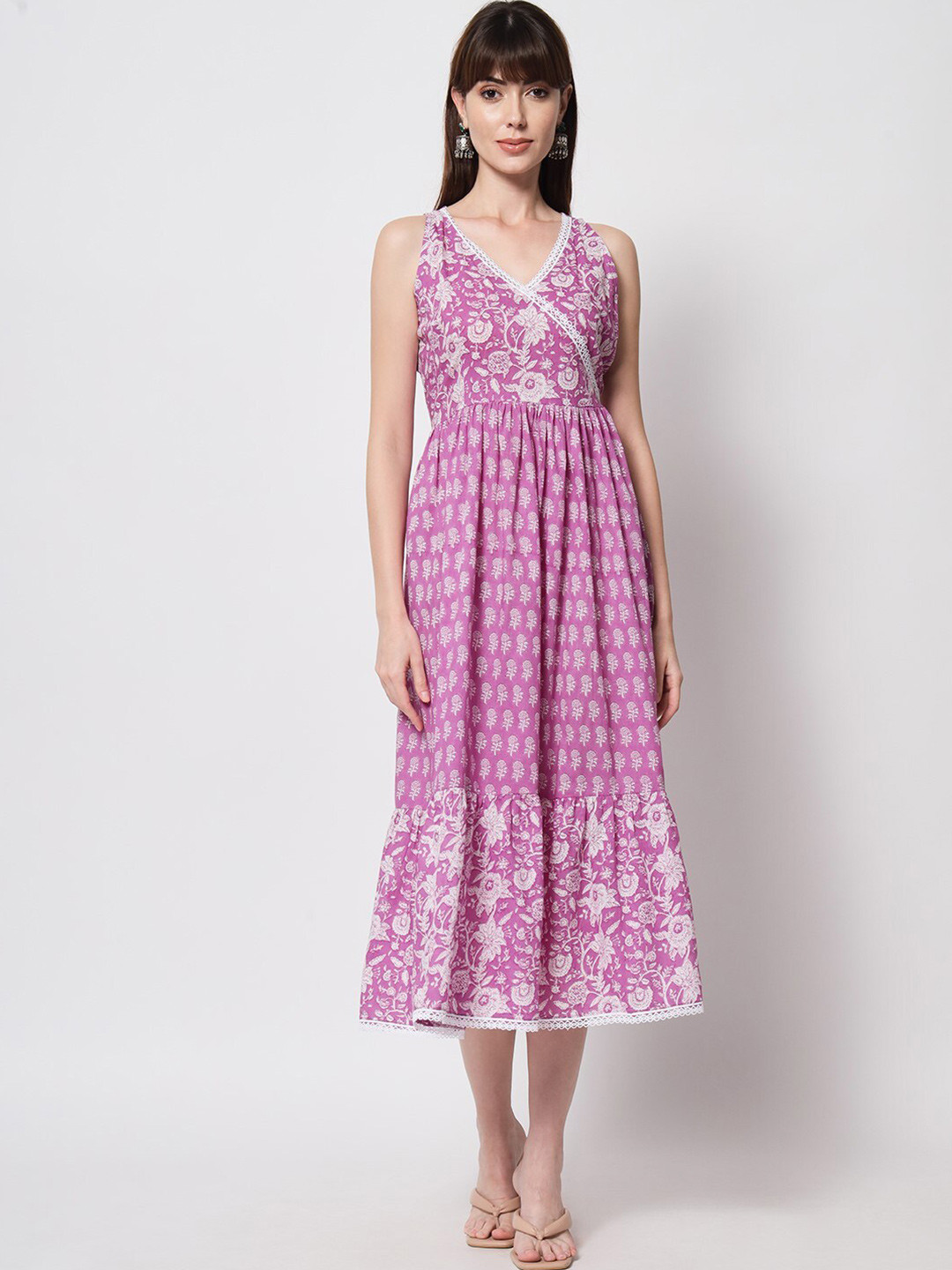 

KALINI Ethnic Motifs Printed Lace Pure Cotton Fit & Flare Midi Dress, Pink