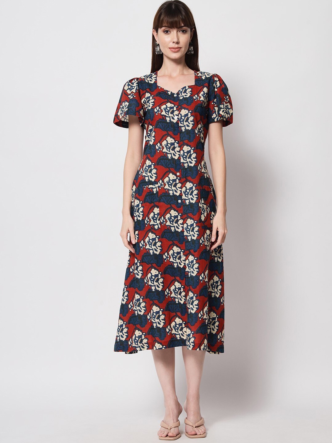 

KALINI Red And Blue Floral A-Line Dress For Women/ Girls