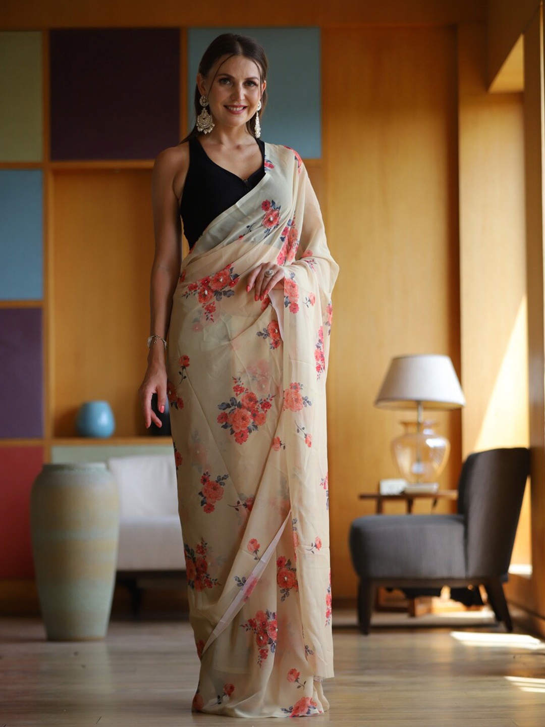 

Atulyam Tex World Floral Printed Pure Georgette Saree, Beige