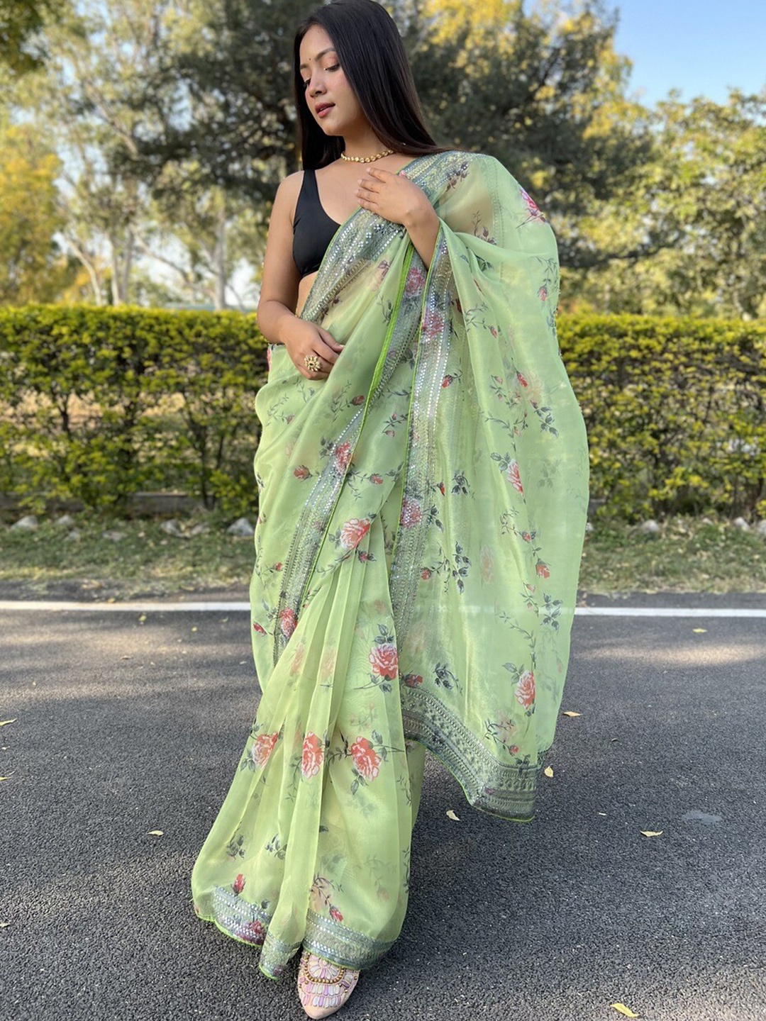

Atulyam Tex World Floral Printed Embellished Organza Saree, Lime green