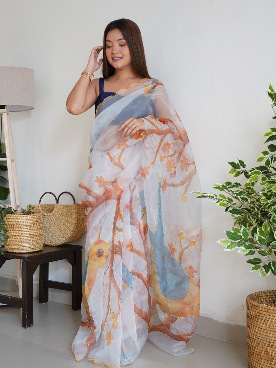 

Atulyam Tex World Ethnic Motifs Embroidered Organza Saree, White