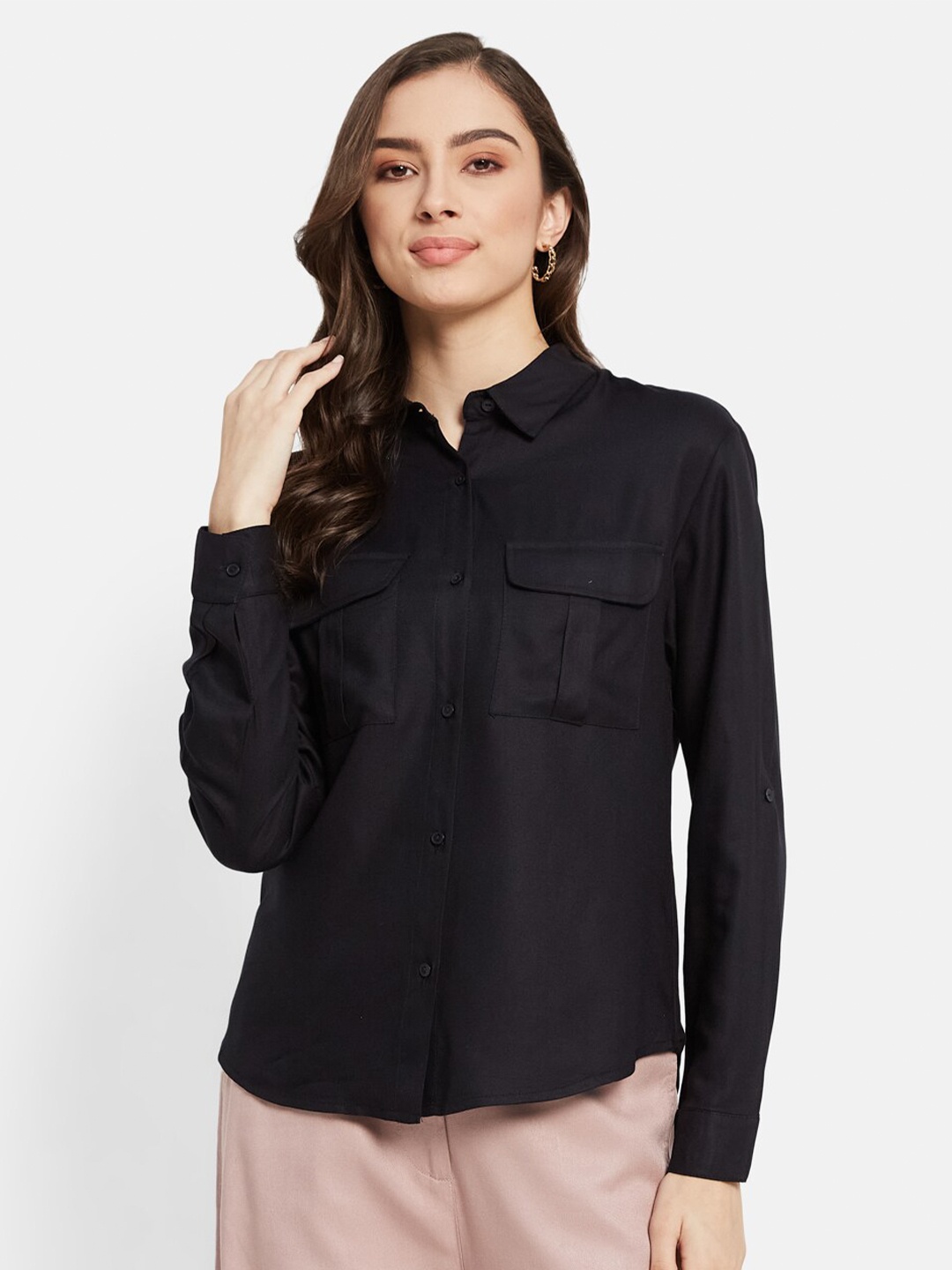 

METTLE Spread Collar Casual Pure Cotton Shirt, Black