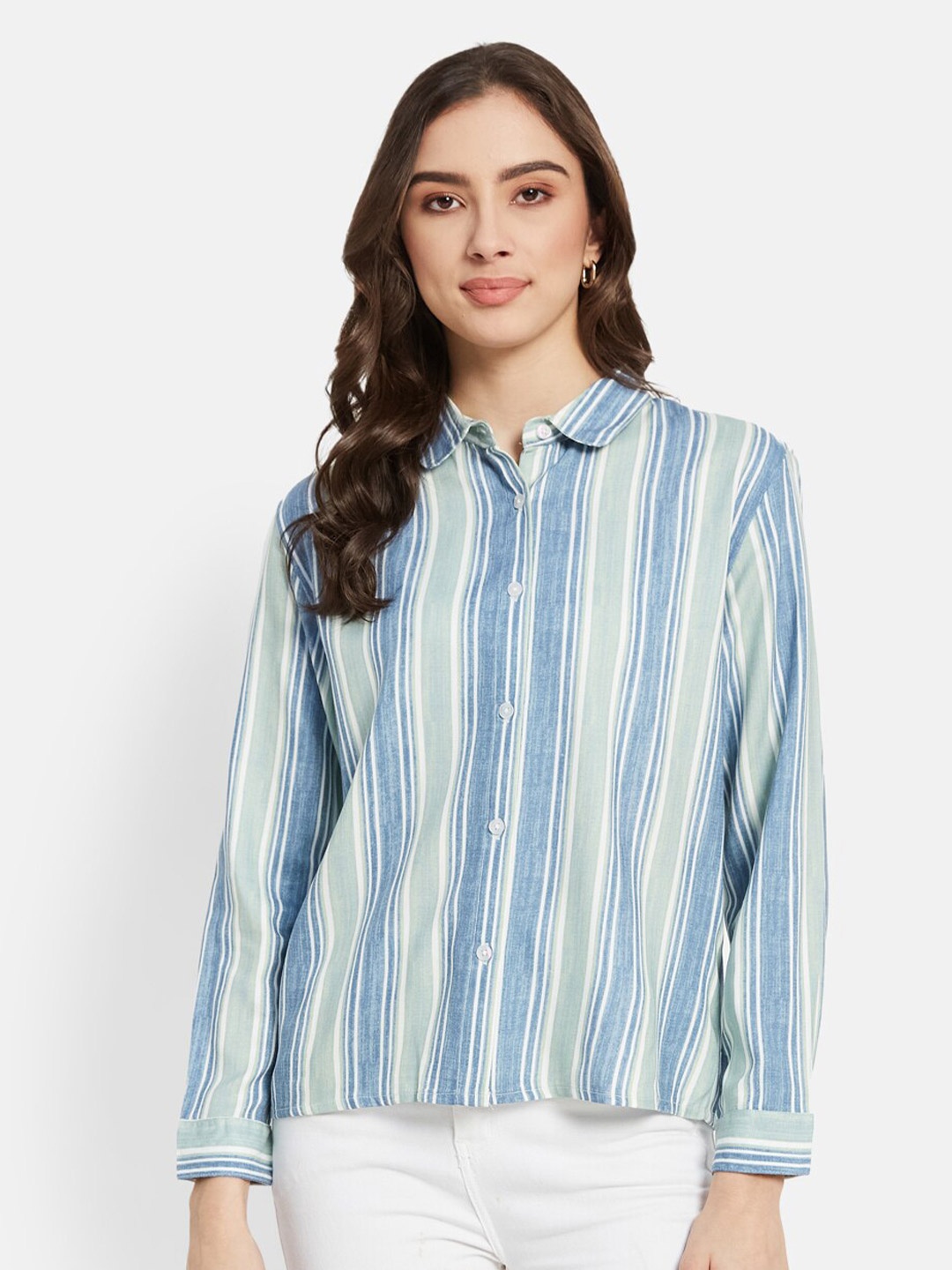 

METTLE Striped Spread Collar Casual Pure Cotton Shirt, Blue