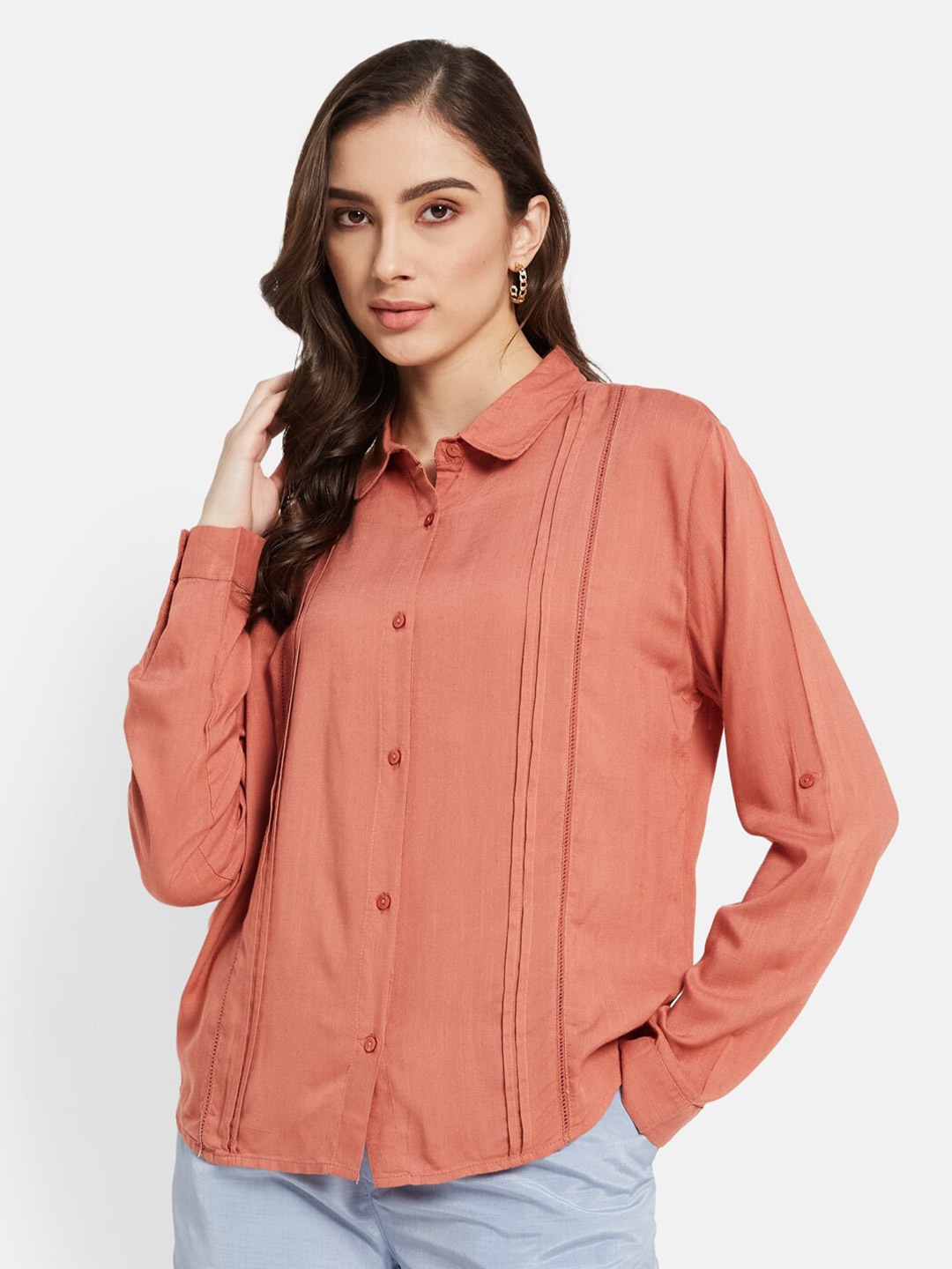 

METTLE Spread Collar Pin Tucks Casual Pure Cotton Shirt, Orange