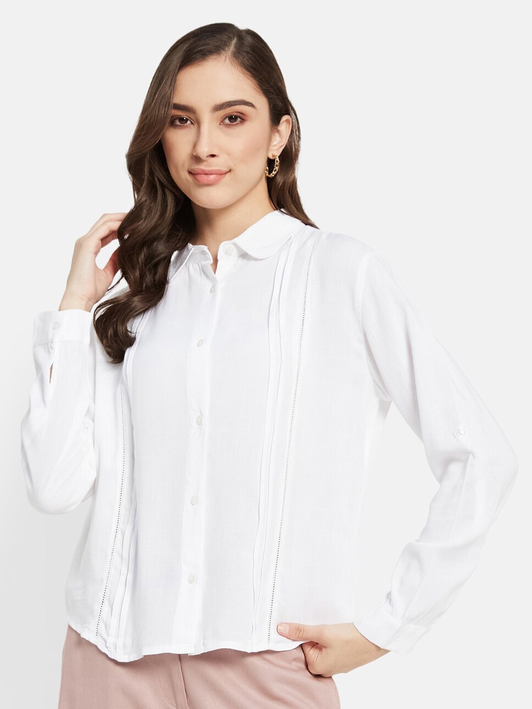 

METTLE Spread Collar Pin Tucks Casual Pure Cotton Shirt, White