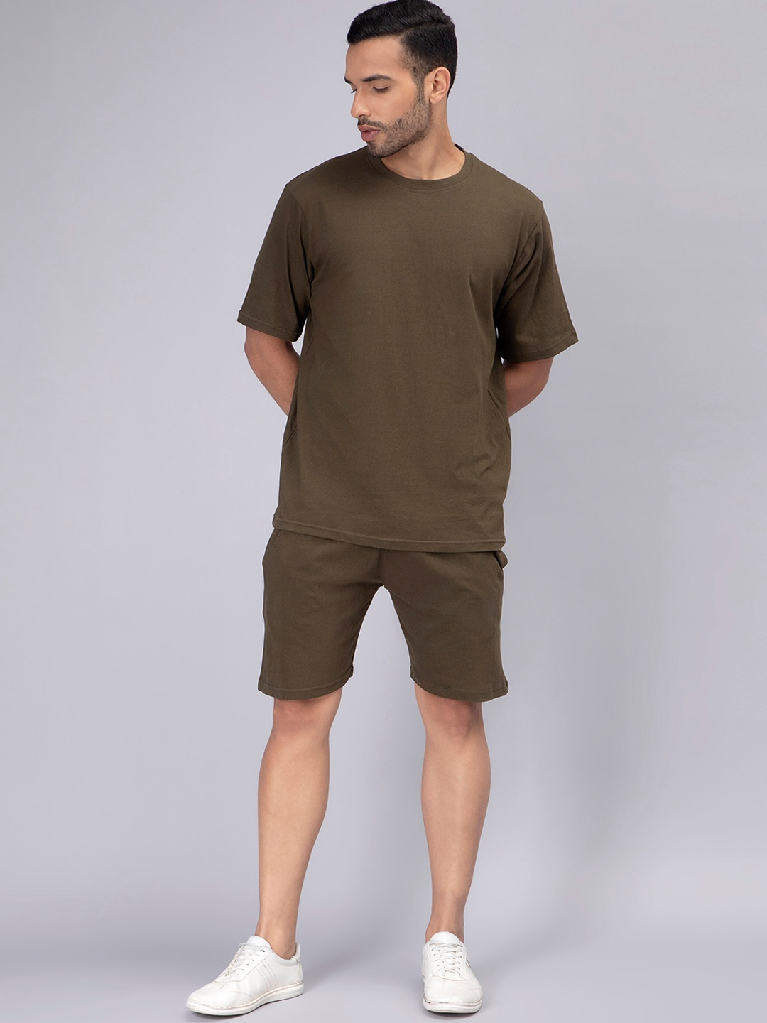 

Mad Over Print Men Pure Cotton Mid-Rise Co-Ords, Olive