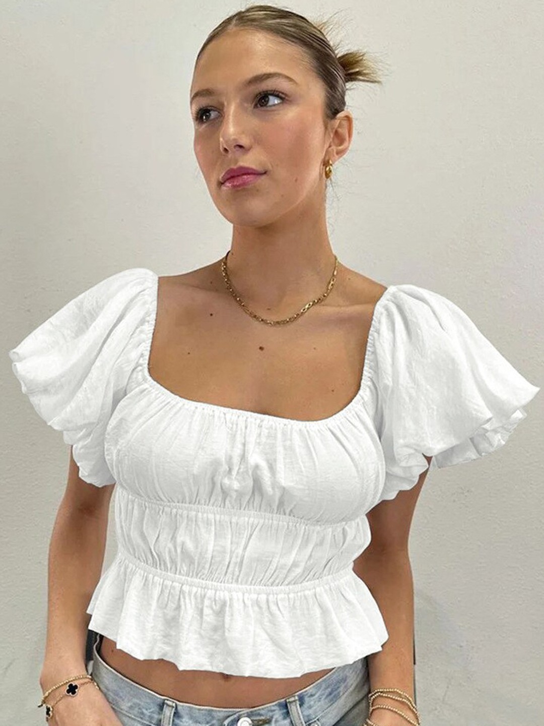 

BoStreet White Square Neck Flutter Sleeve Top