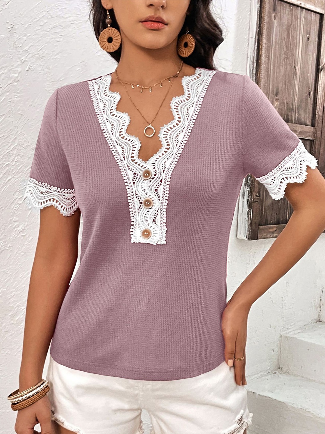 

BoStreet Purple V-Neck Lace Detailed Bohemian Top