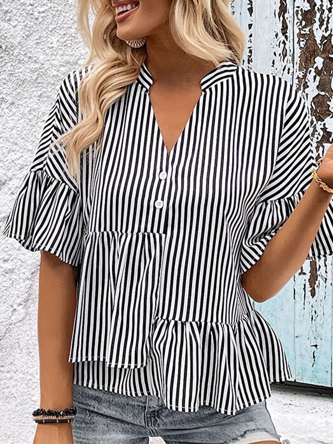 

BoStreet Black & White Striped Mandarin Collar Extended Sleeve Gathered Top