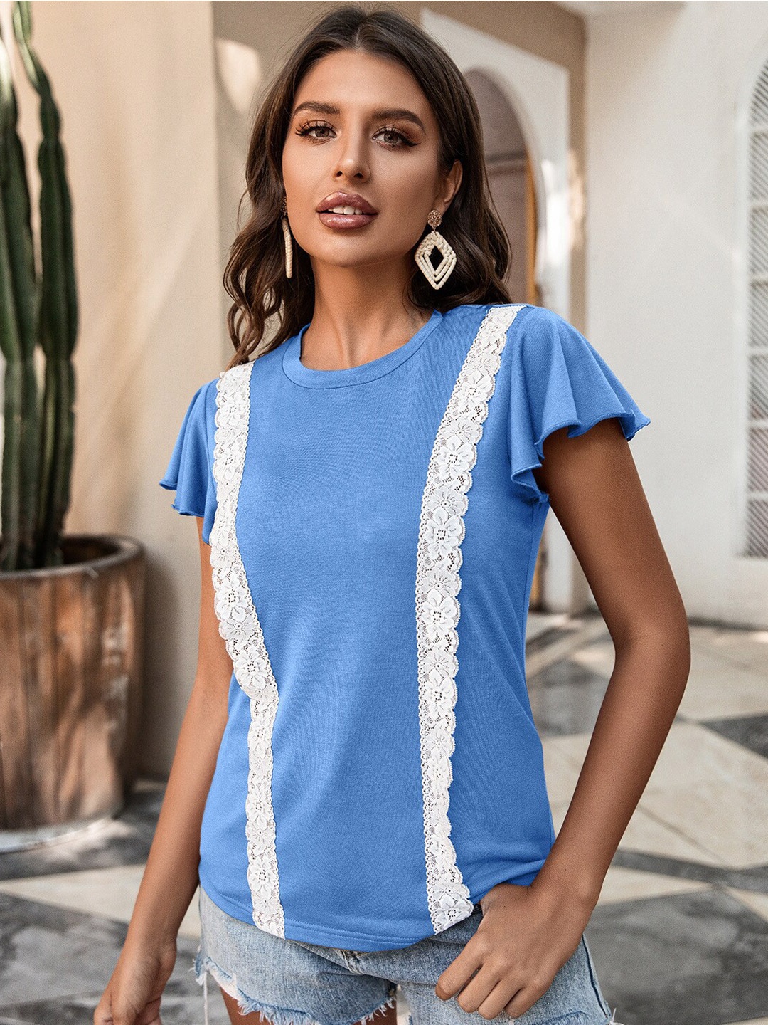 

StyleCast Blue Flutter Sleeves Lace Insert Top
