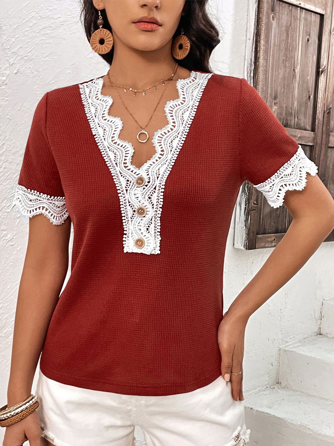 

StyleCast Maroon V-Neck Lace Insert Top