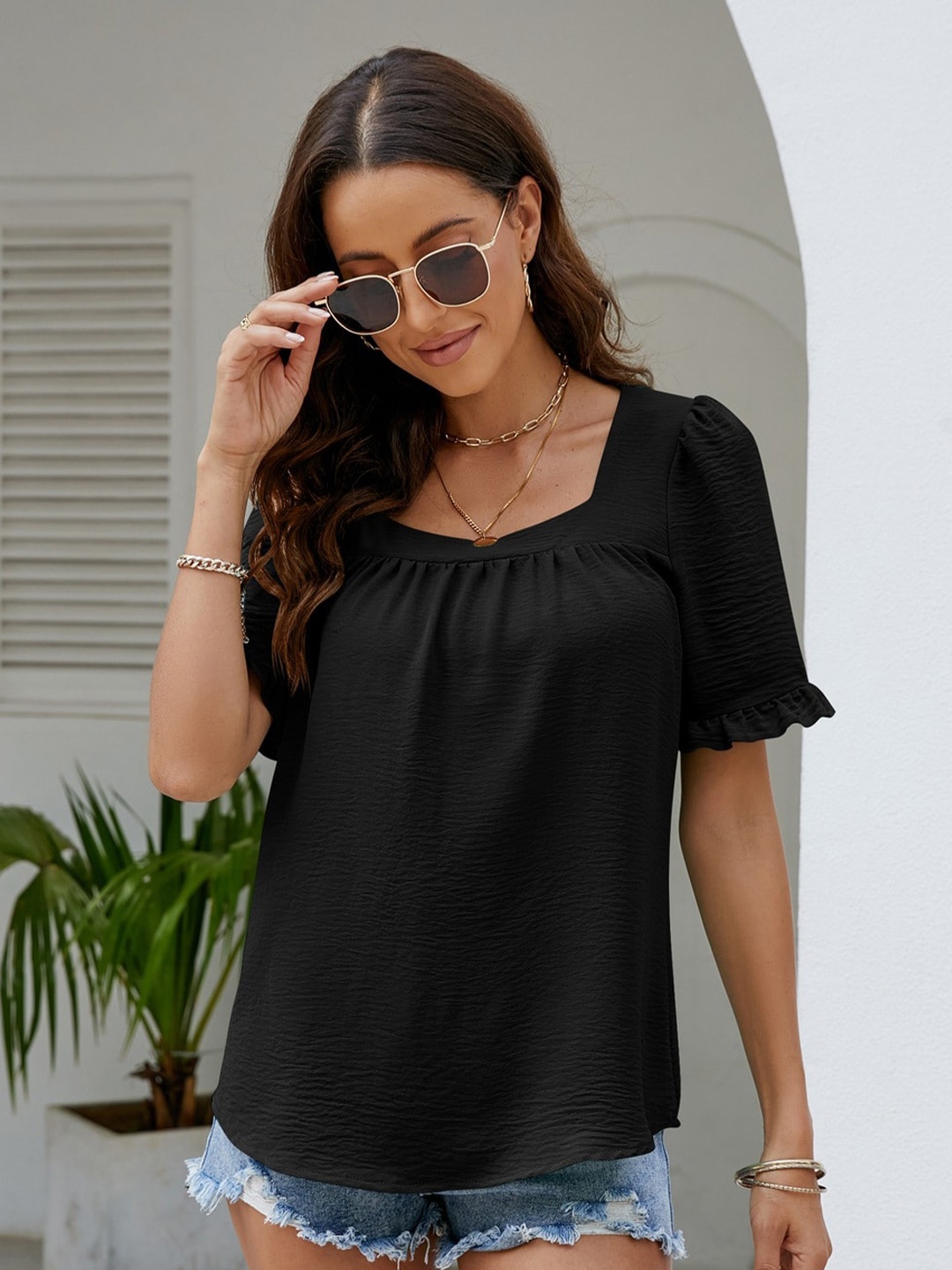 

BoStreet Black Square Neck Puff Sleeve Top