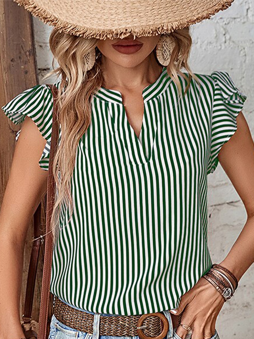 

StyleCast Green Striped Mandarin Collar Flutter Sleeves Top