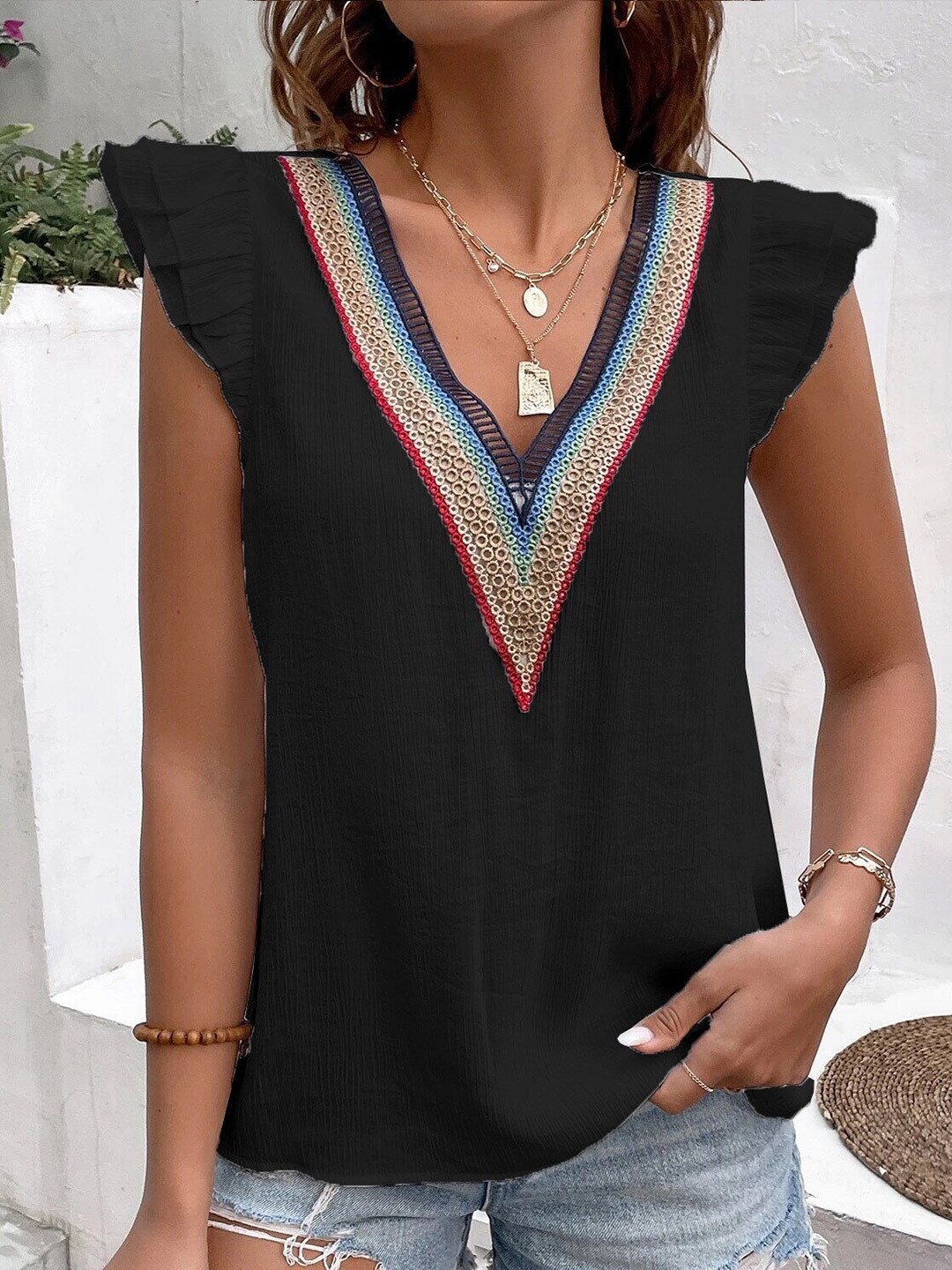

BoStreet Black V-Neck Cap Sleeve Ruffled Bohemian Top