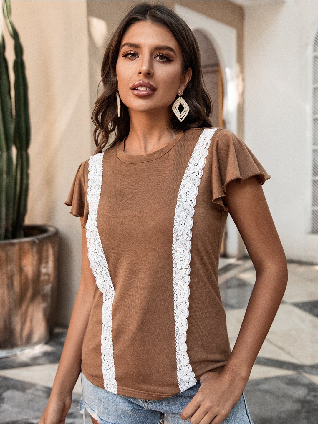 

StyleCast Brown Flutter Sleeves Lace Up Detail Top