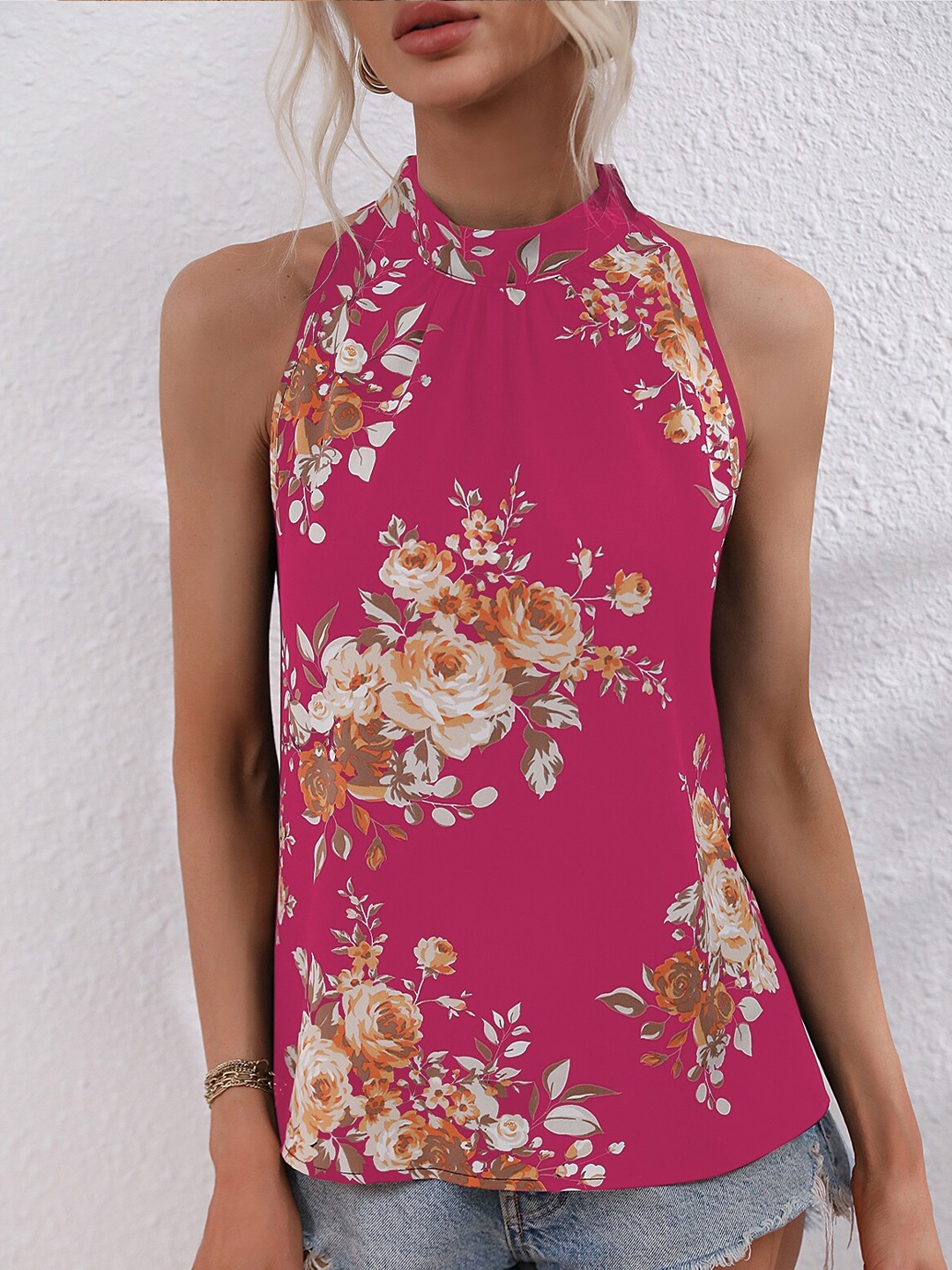 

BoStreet Pink Floral Printed High Neck Top