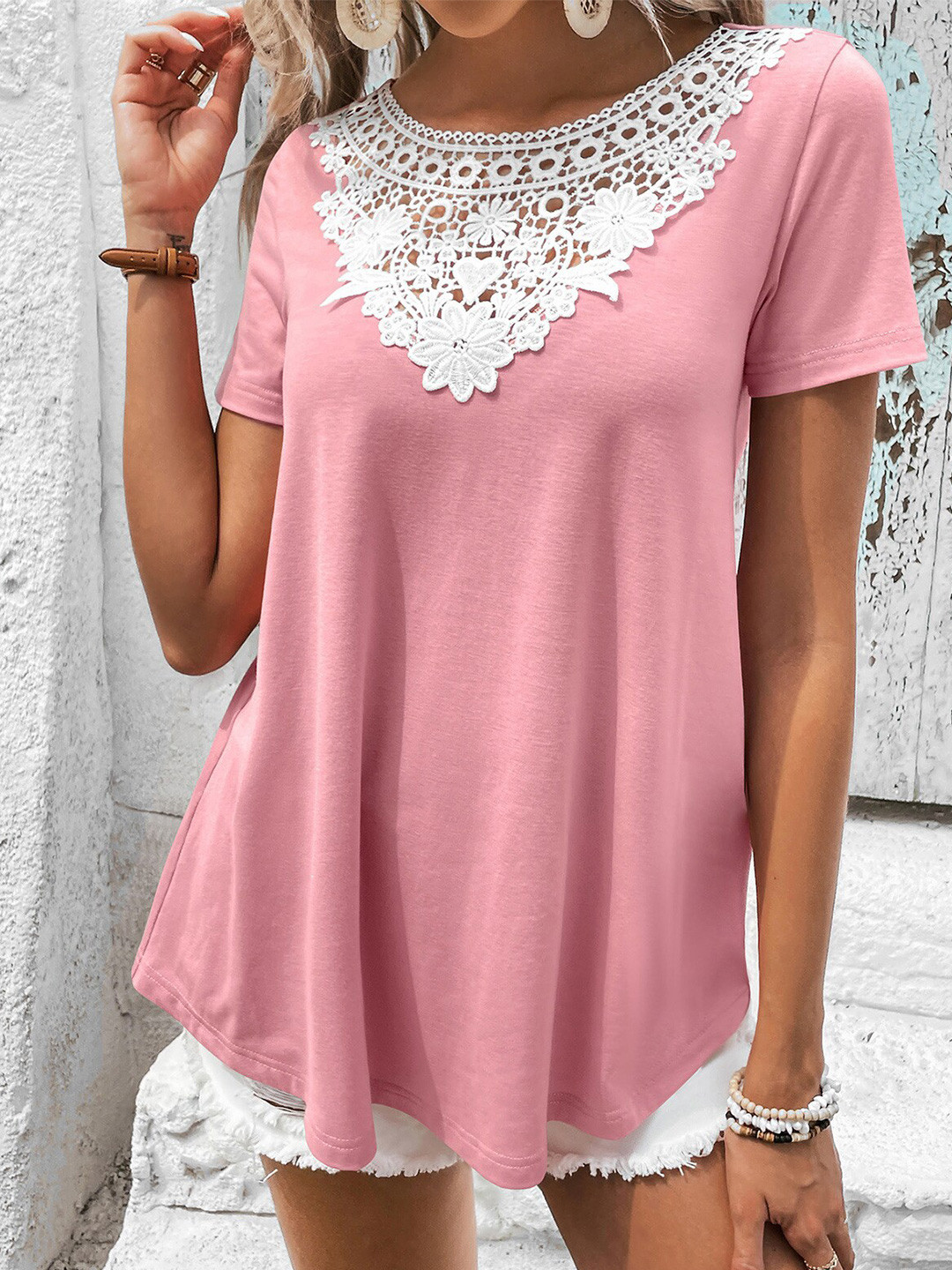 

BoStreet Pink Boat Neck Lace-Up Detail Top