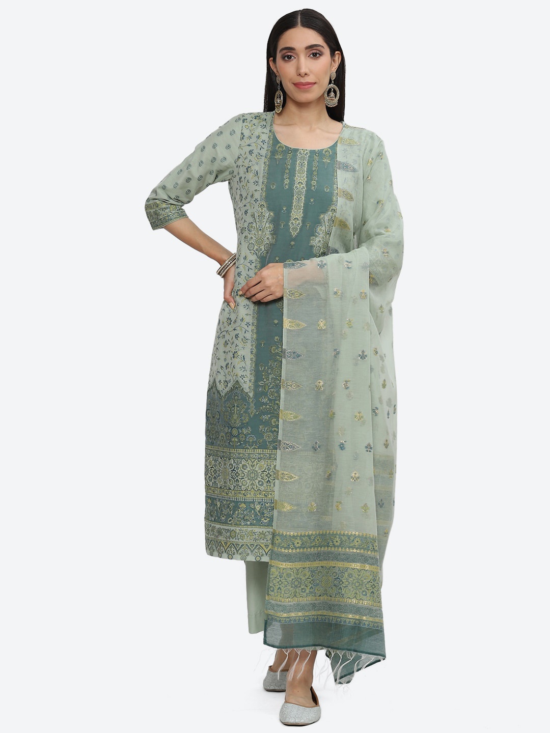 

Biba Ethnic Motifs Woven Design Kurta with Palazzos & Dupatta, Green