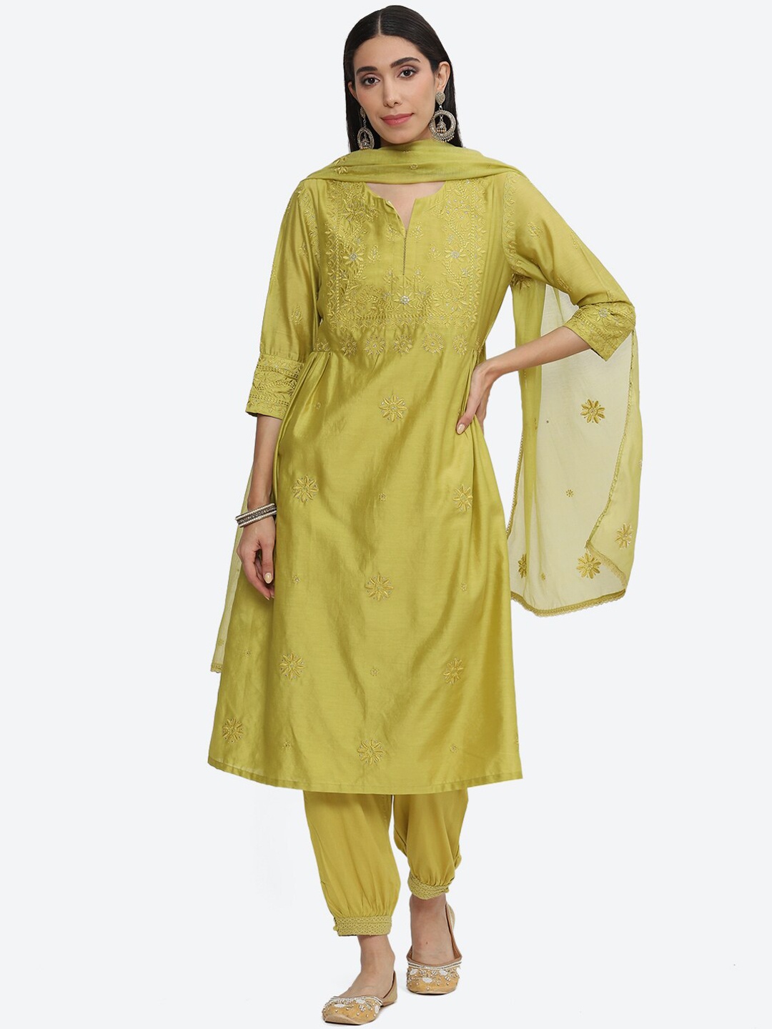 

Biba Ethnic Motifs Embroidered A-Line Chanderi Silk Kurta with Salwar & Dupatta, Lime green