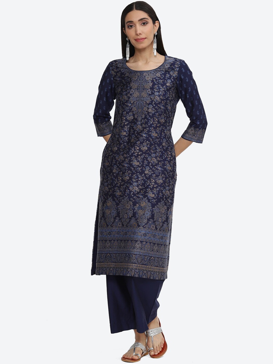 

Biba Floral Printed Regular Kurta With Palazzos & Dupatta, Navy blue