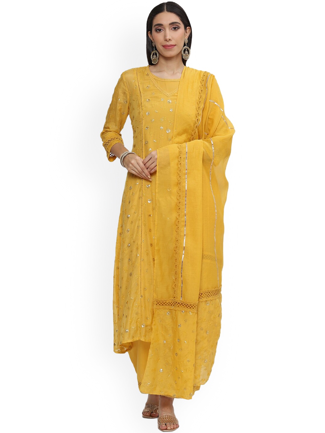 

Biba Ethnic Embroidered Sequined Lace Detail Chanderi Silk Kurta with Palazzos & Dupatta, Mustard
