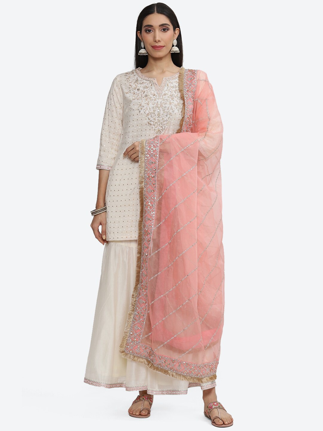 

Biba Floral Embroidered Sequined Chanderi Silk Kurti with Sharara & Dupatta, Off white