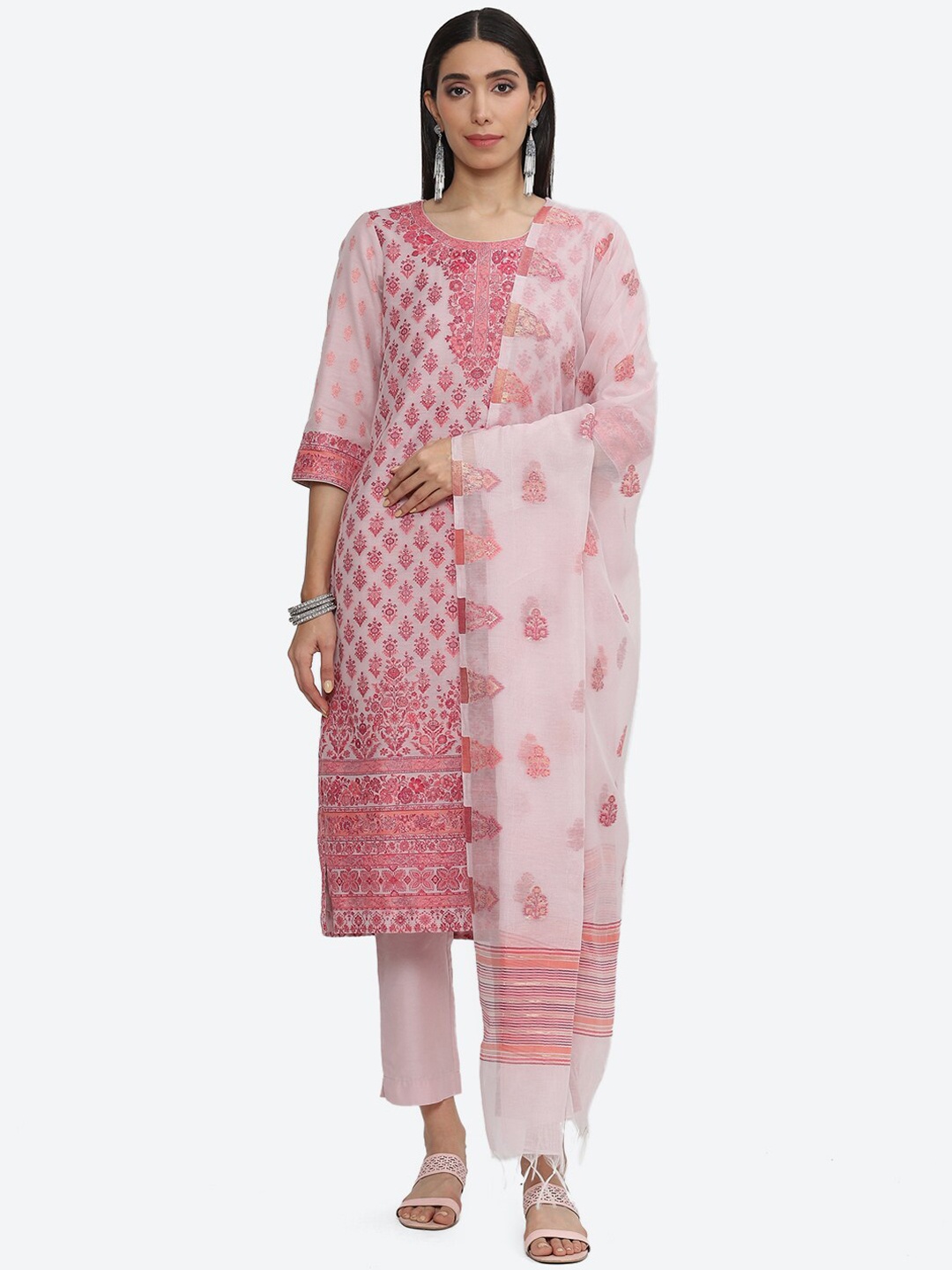 

Biba Women Peach-Coloured Ethnic Motifs Printed Regular Kurta with Trousers & With Dupatta