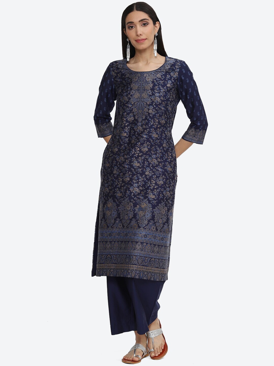 

Biba Floral Woven Design Kurta with Palazzos & Dupatta, Navy blue