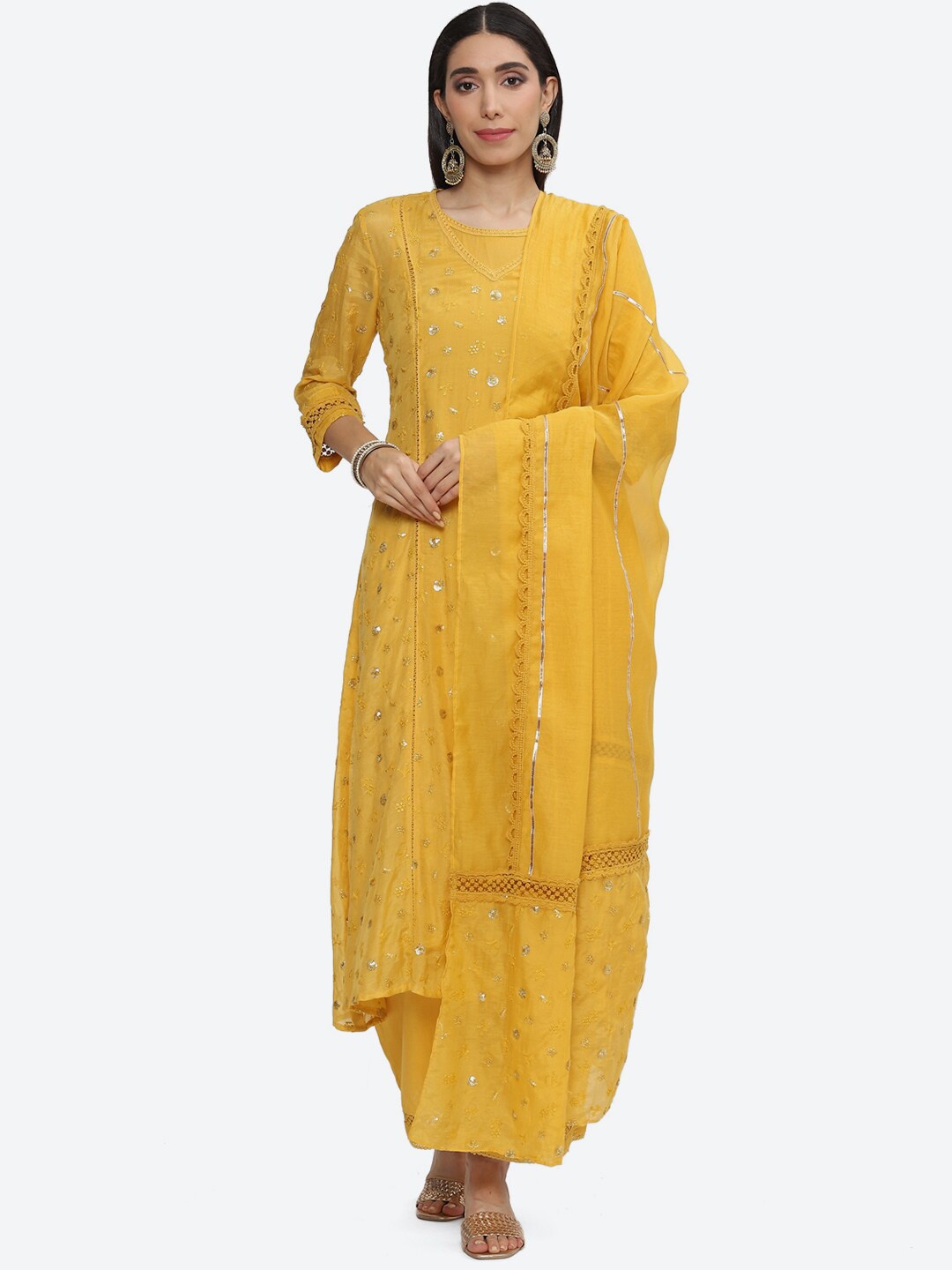 

Biba Ethnic Embroidered Sequined Lace Detail Chanderi Silk Kurta with Palazzos & Dupatta, Mustard