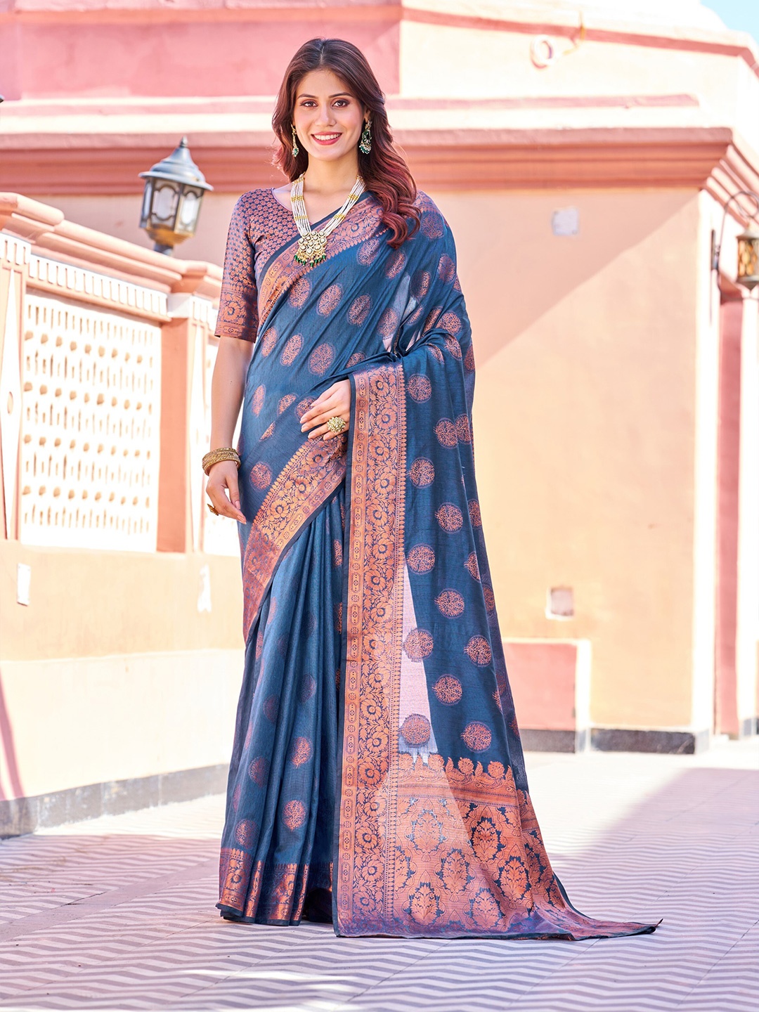 

VSaree Foral Woven Design Zari Silk Cotton Saree, Blue