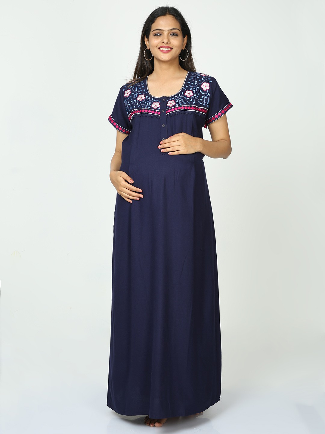 

9shines Label Floral Embroidered Maternity Maxi Nightdress, Navy blue