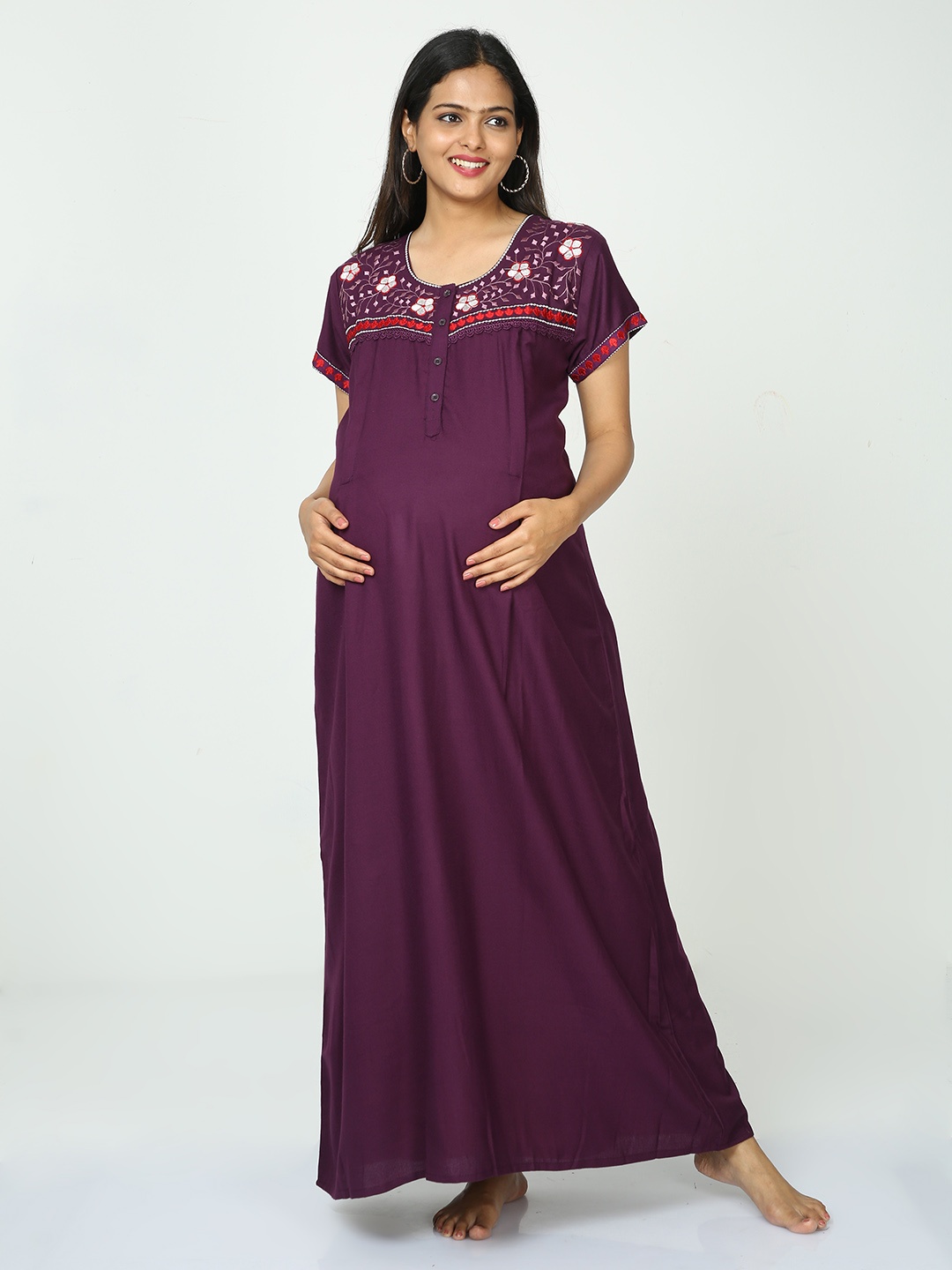 

9shines Label Floral Embroidered Maternity Maxi Nightdress, Purple