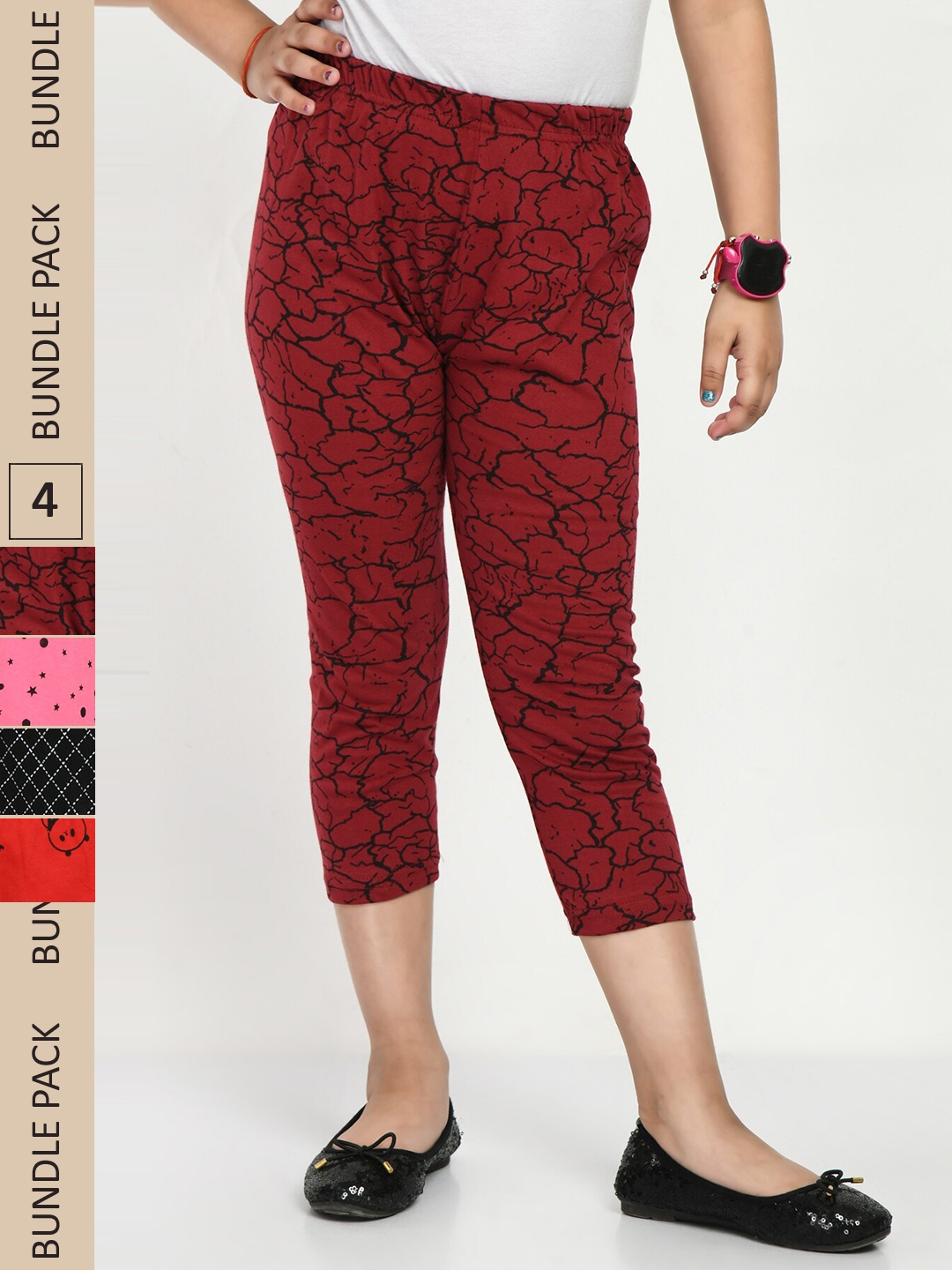 

IndiWeaves Girls Pack of 4 Printed High Rise Pure Cotton Capris, Red