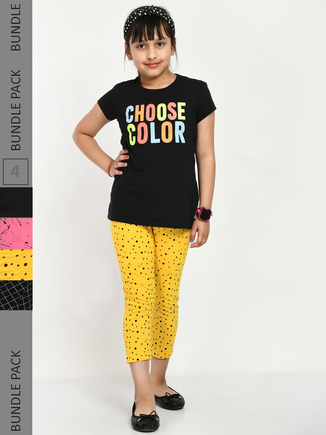 

IndiWeaves Girls Pack Of 4 Printed High Rise Pure Cotton Capris, Yellow