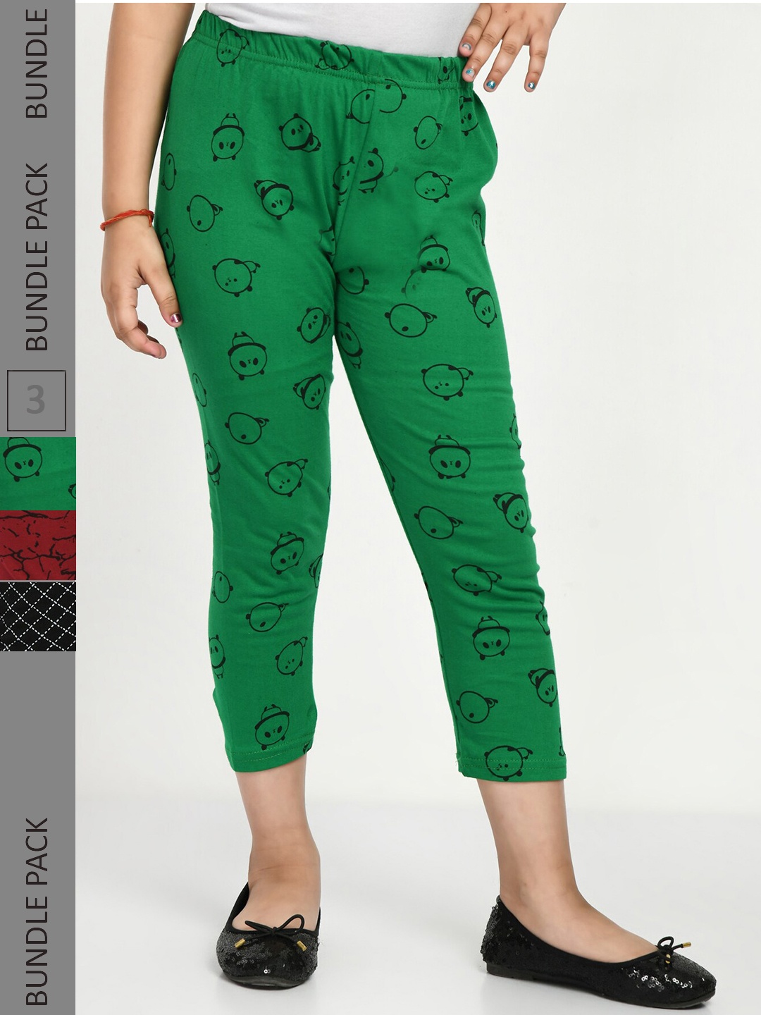 

IndiWeaves Girls Pack Of 3 Printed High Rise Pure Cotton Capris, Green