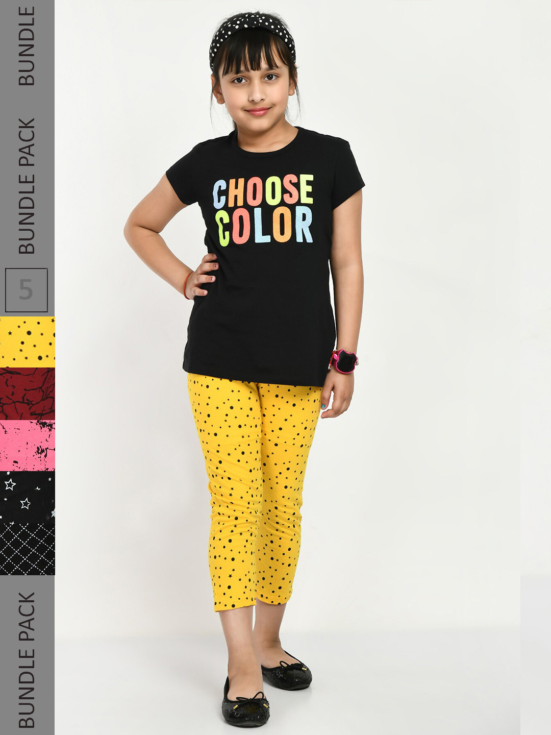

IndiWeaves Girls Pack Of 5 Printed Pure Cotton Capris, Black