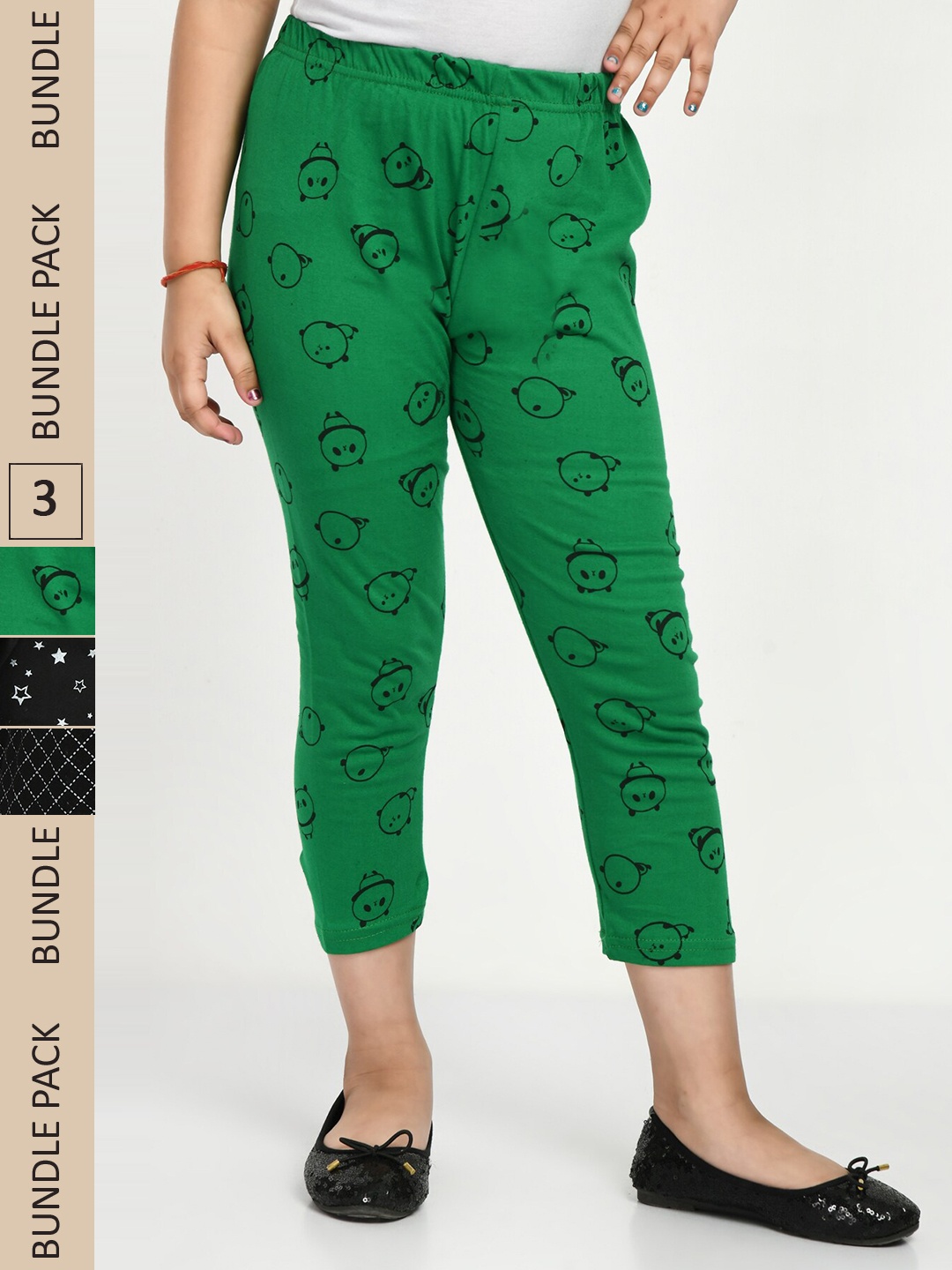 

IndiWeaves Girls Pack Of 3 High-Rise Printed Pure Cotton Capris, Green