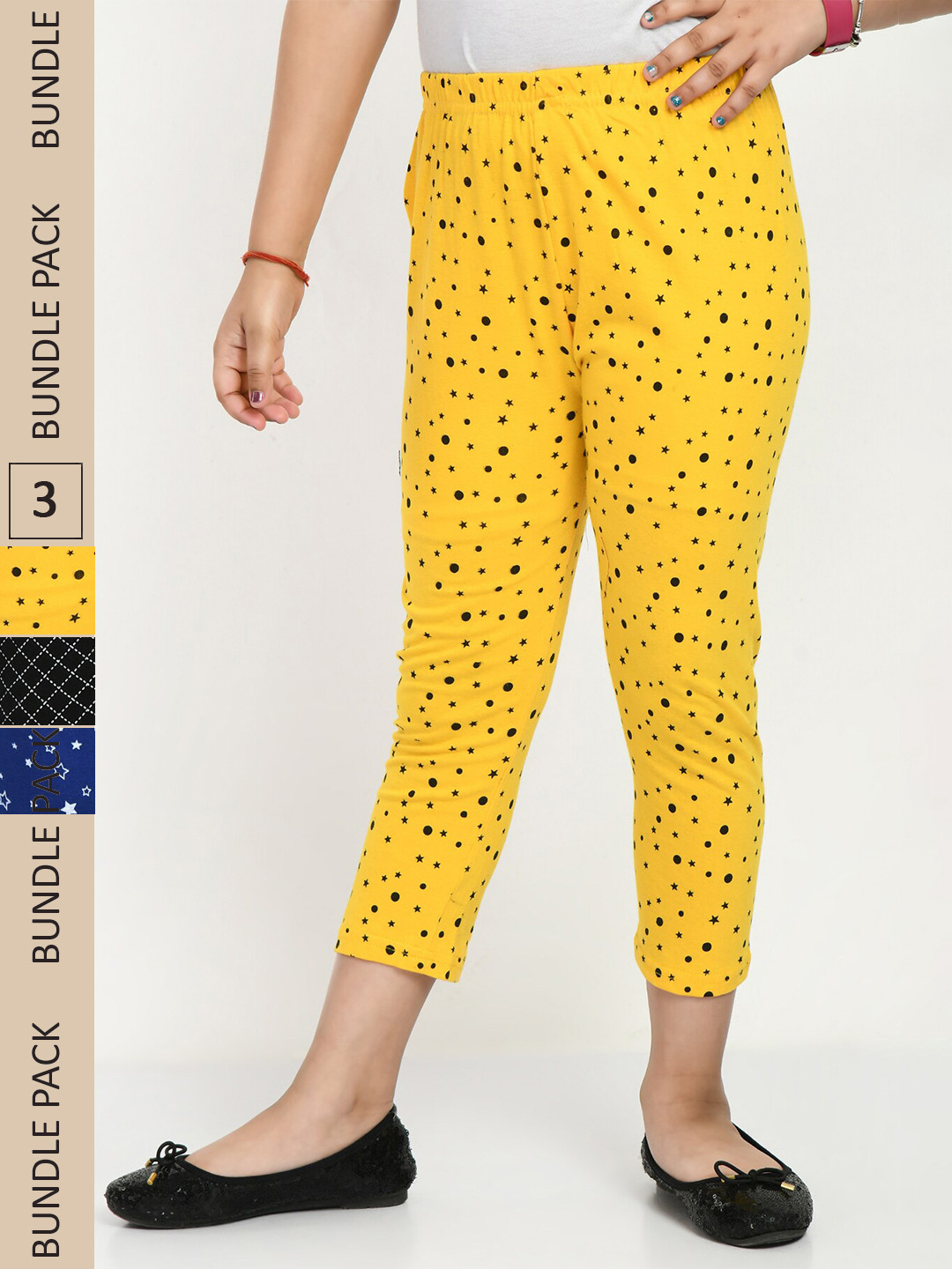 

IndiWeaves Girls Pack Of 3 Printed High Rise Pure Cotton Capris, Yellow