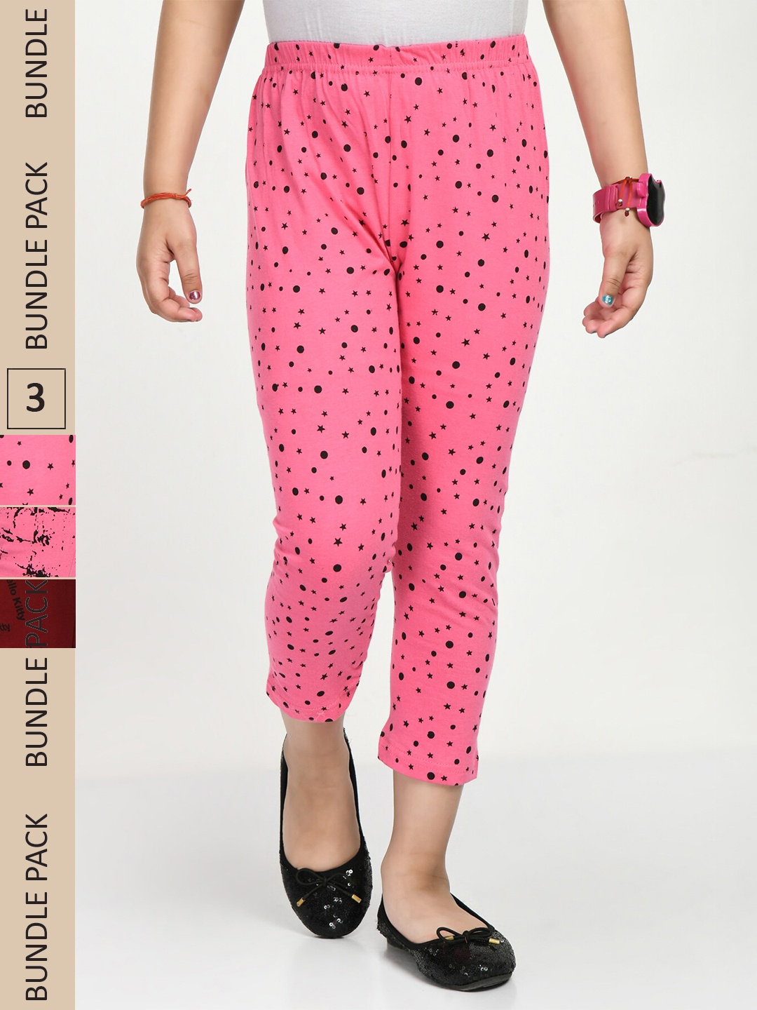 

IndiWeaves Girls Pack Of 3 Printed High-Rise Slim Fit Pure Cotton Capris, Pink