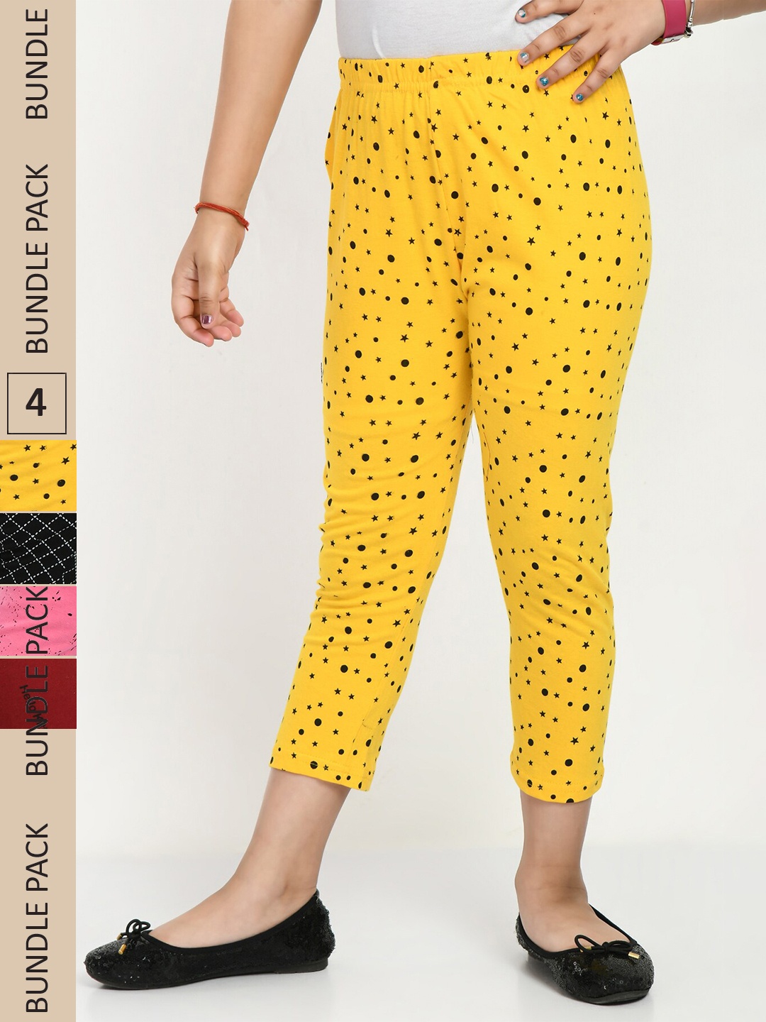 

IndiWeaves Girls Pack of 4 Printed High Rise Pure Cotton Capris, Yellow