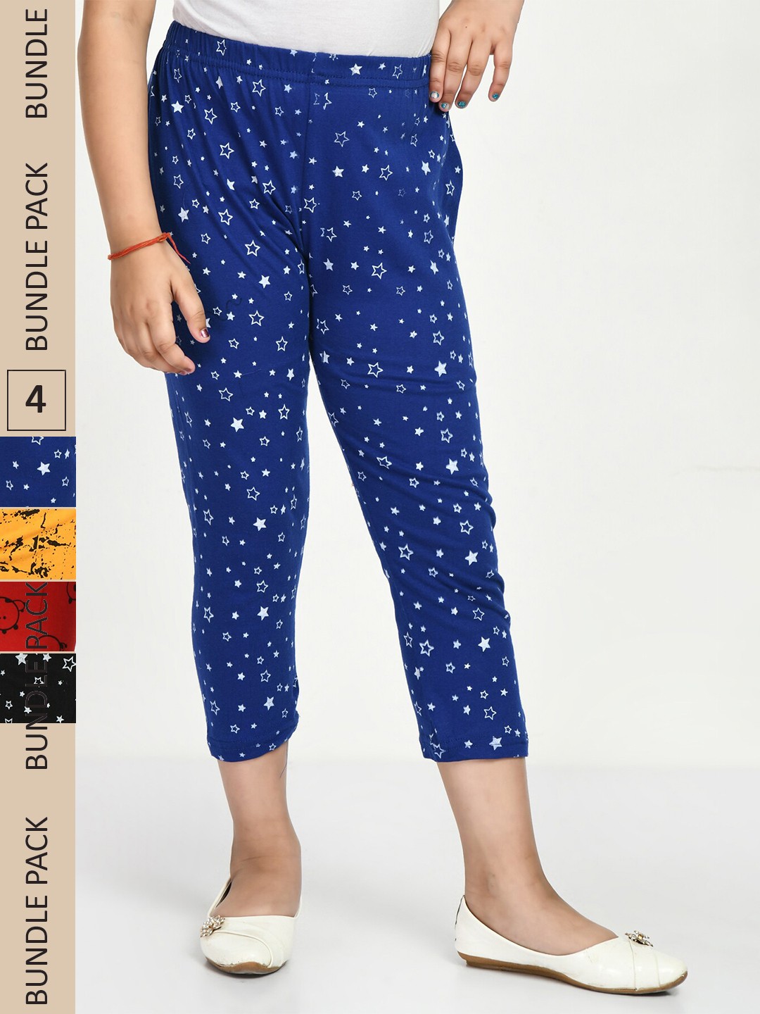 

IndiWeaves Girls Pack Of 4 Printed Pure Cotton Capris, Blue