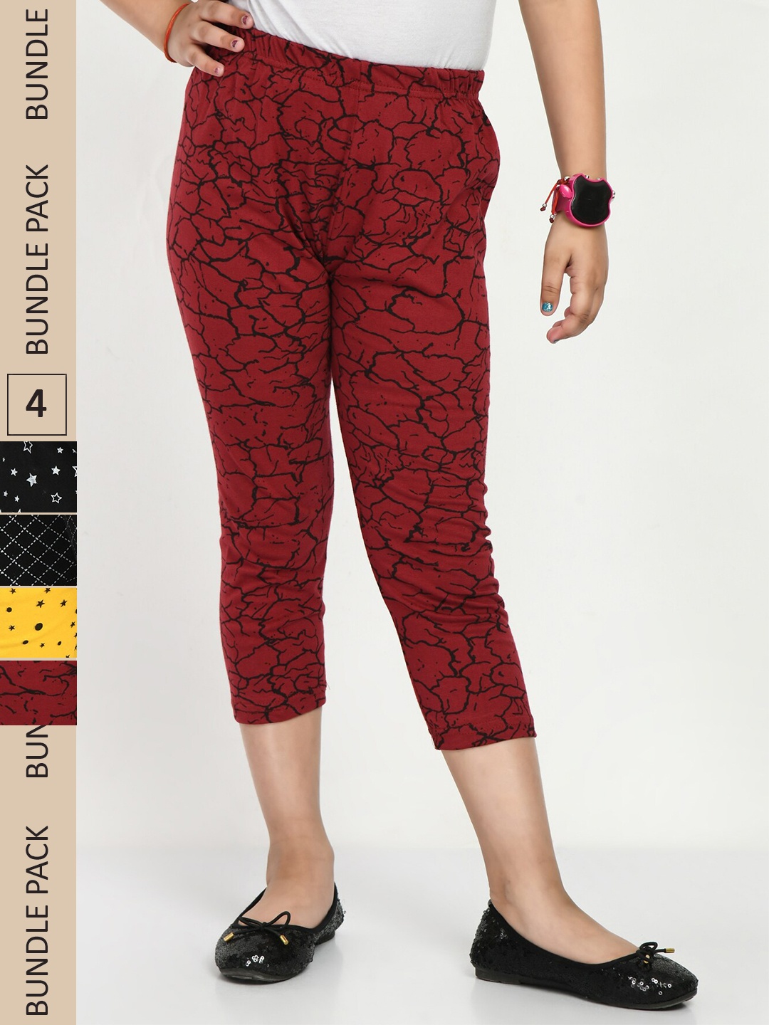 

IndiWeaves Girls Pack Of 4 Printed Pure Cotton Capris, Maroon