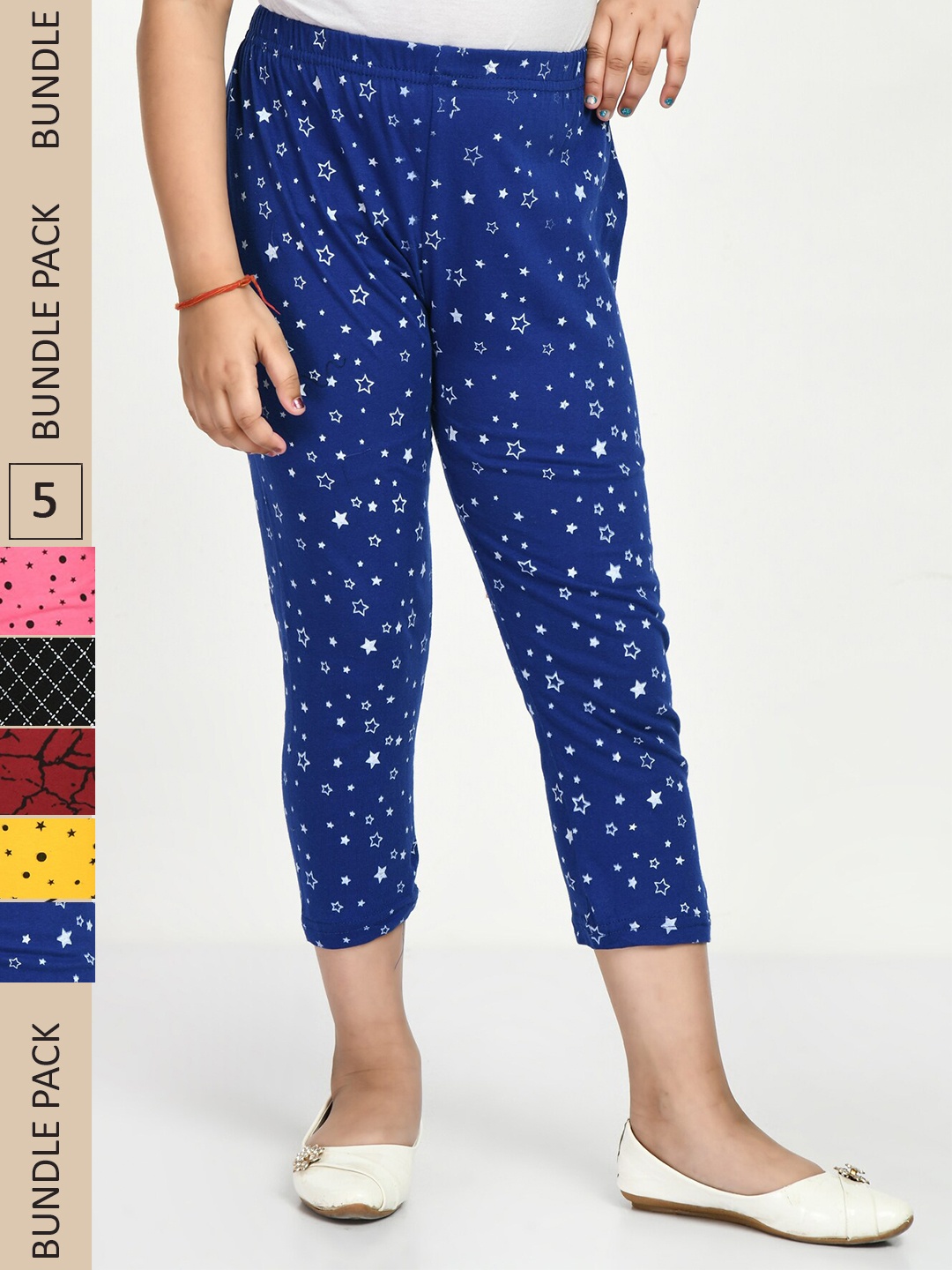 

IndiWeaves Girls Pack Of 5 Printed Pure Cotton Capris, Blue