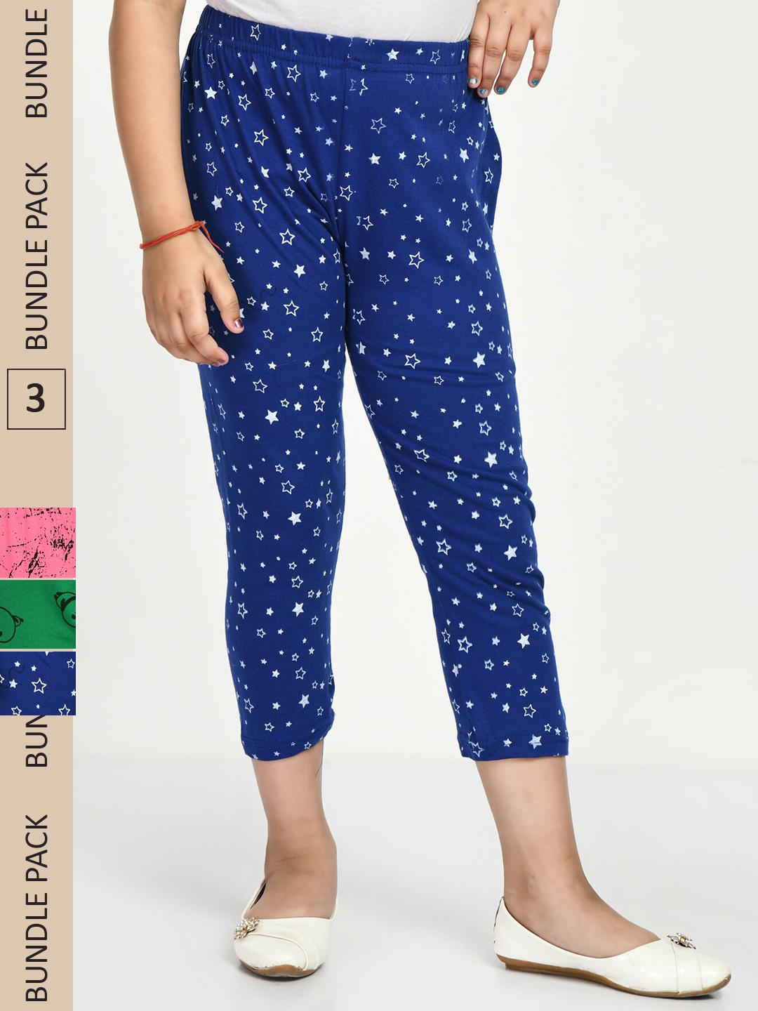 

IndiWeaves Girls Pack Of 3 Printed Pure Cotton Capris, Blue